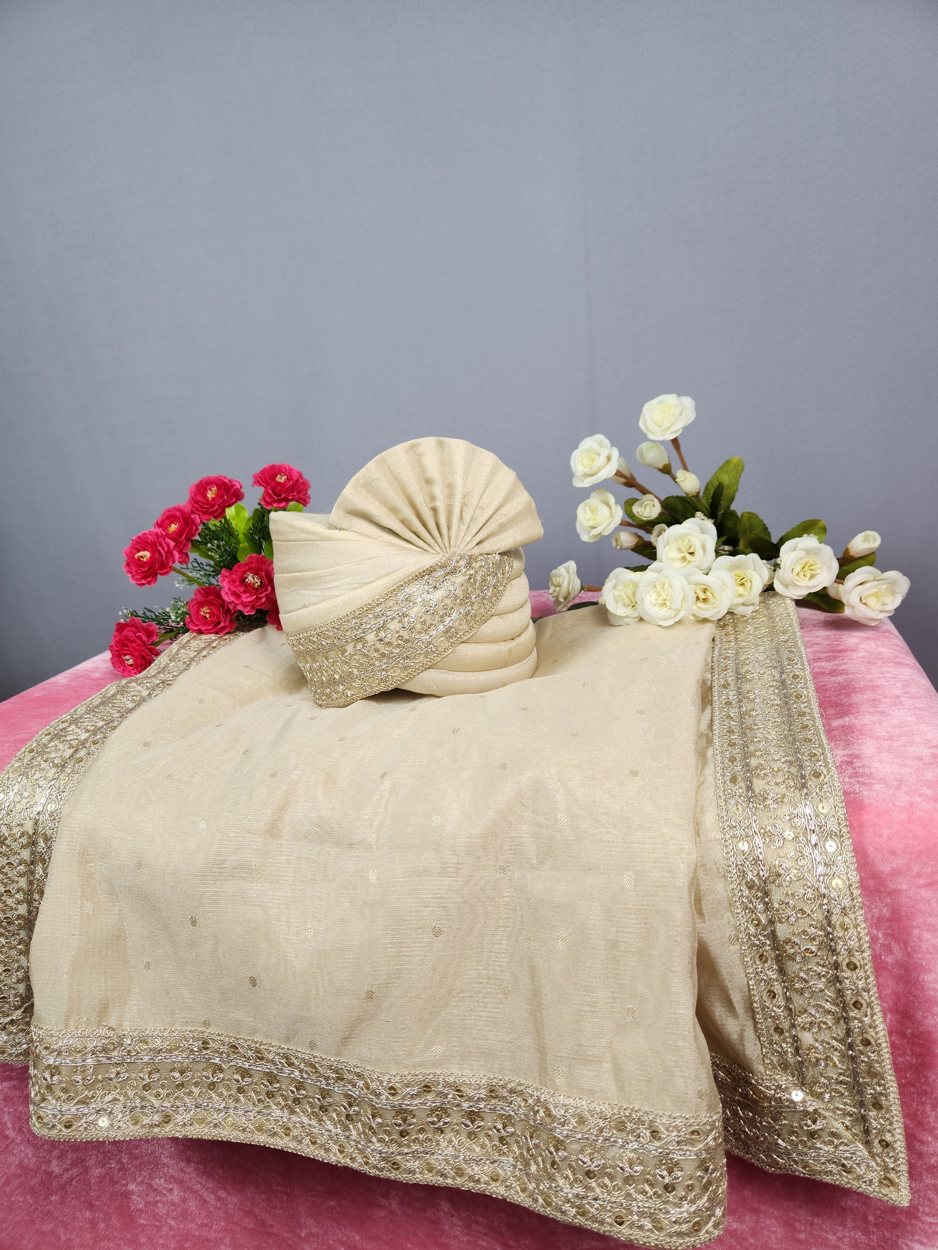 Light Golden Groom Turban Shawl Set