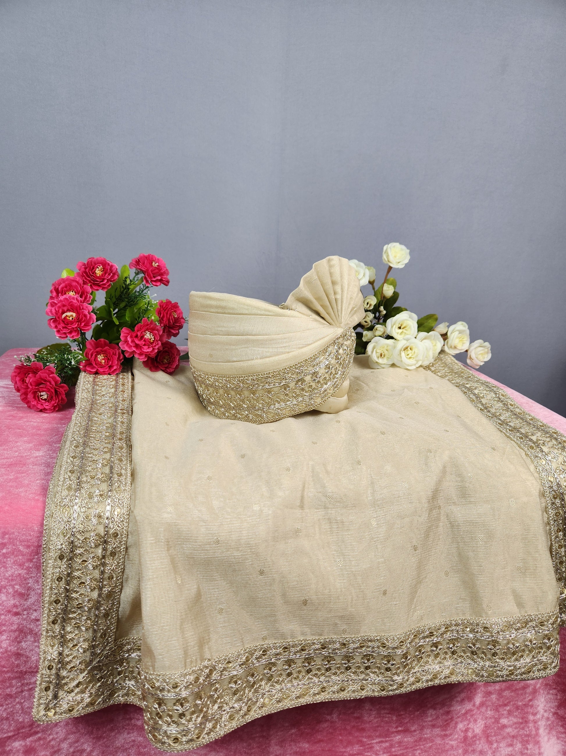 Light Golden Groom Turban Shawl Set