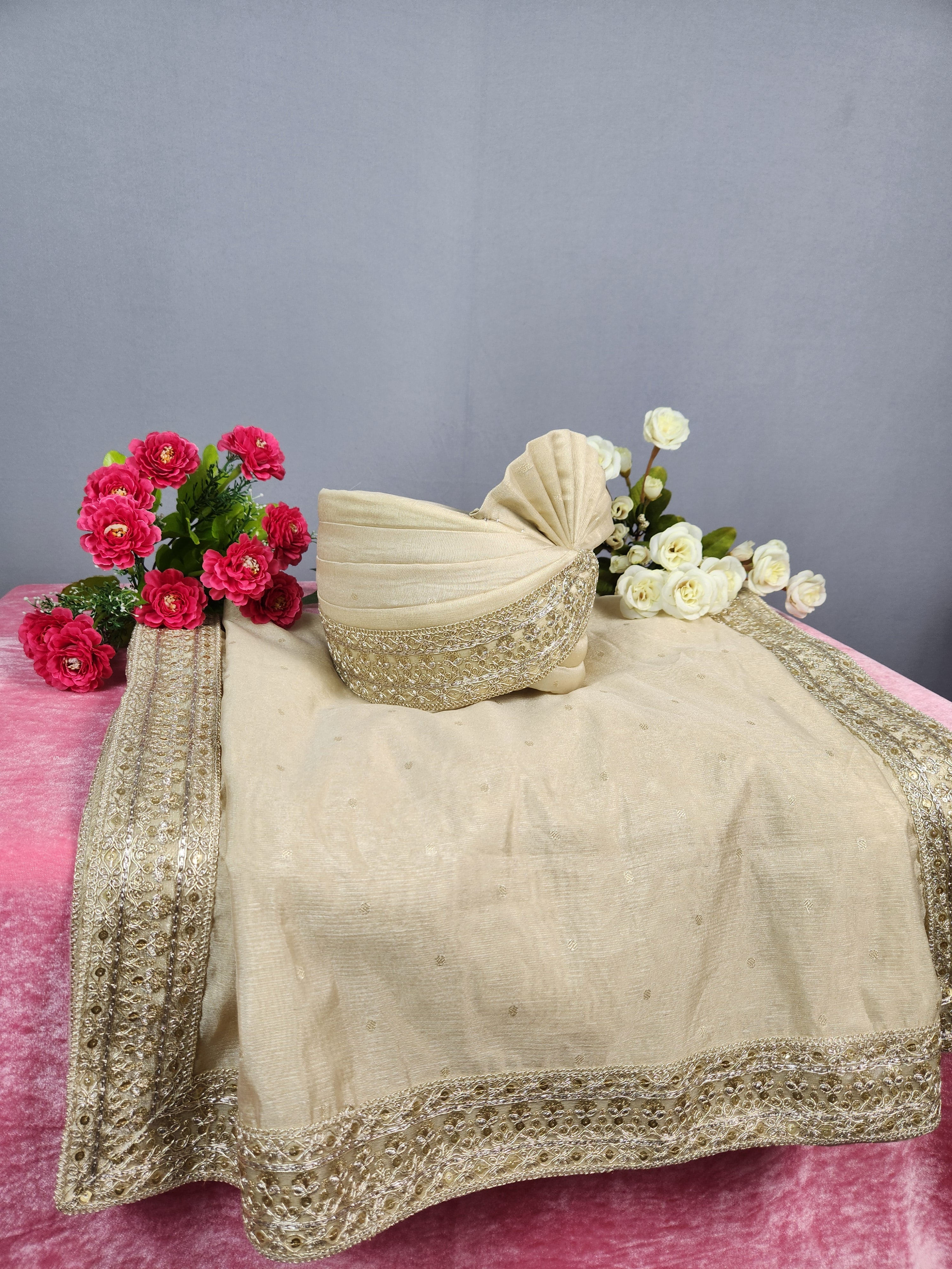 Light Golden Groom Turban Shawl Set