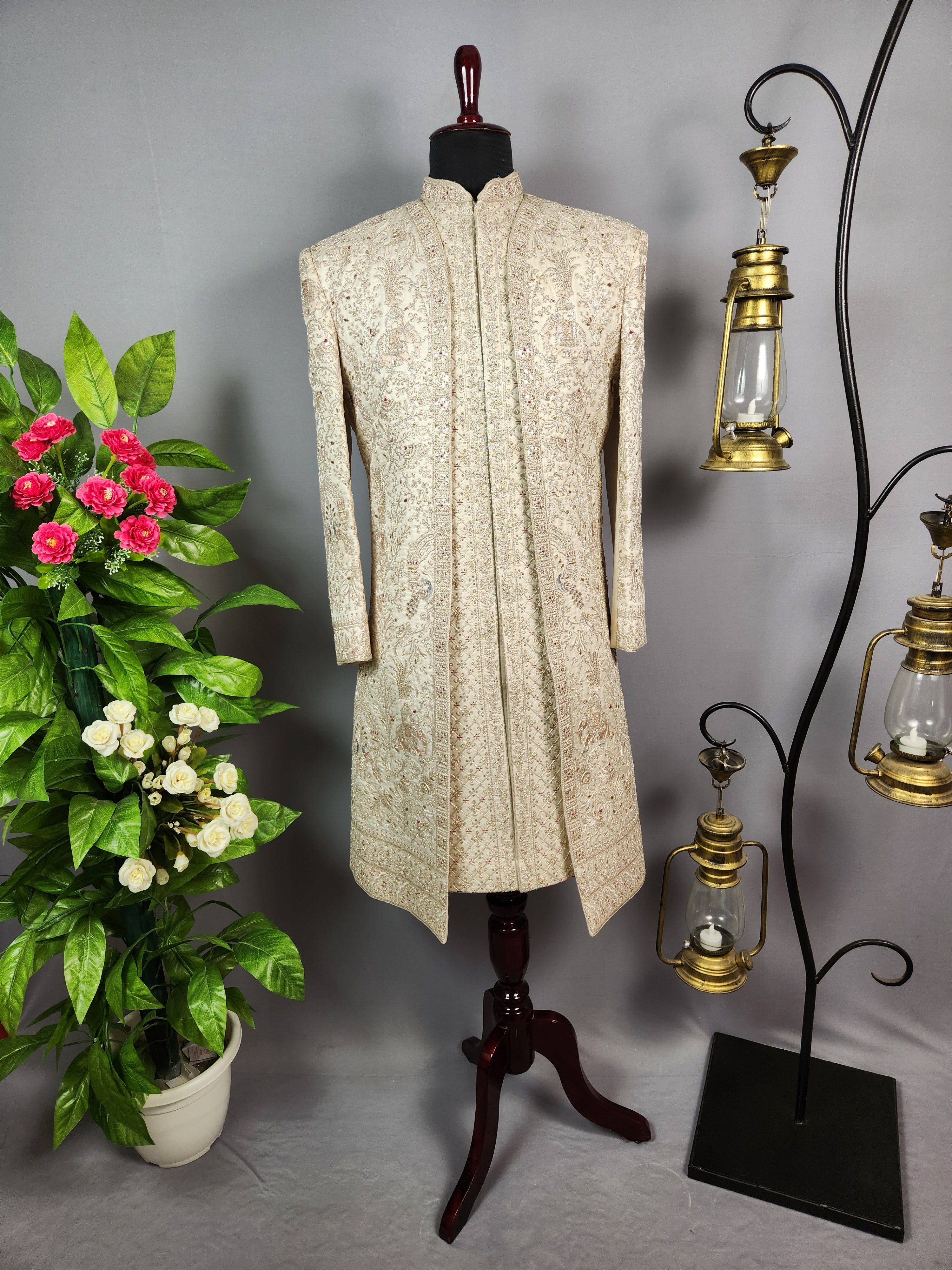 Light Golden Sherwani for Groom  -   Indian Wedding Outfit for Men