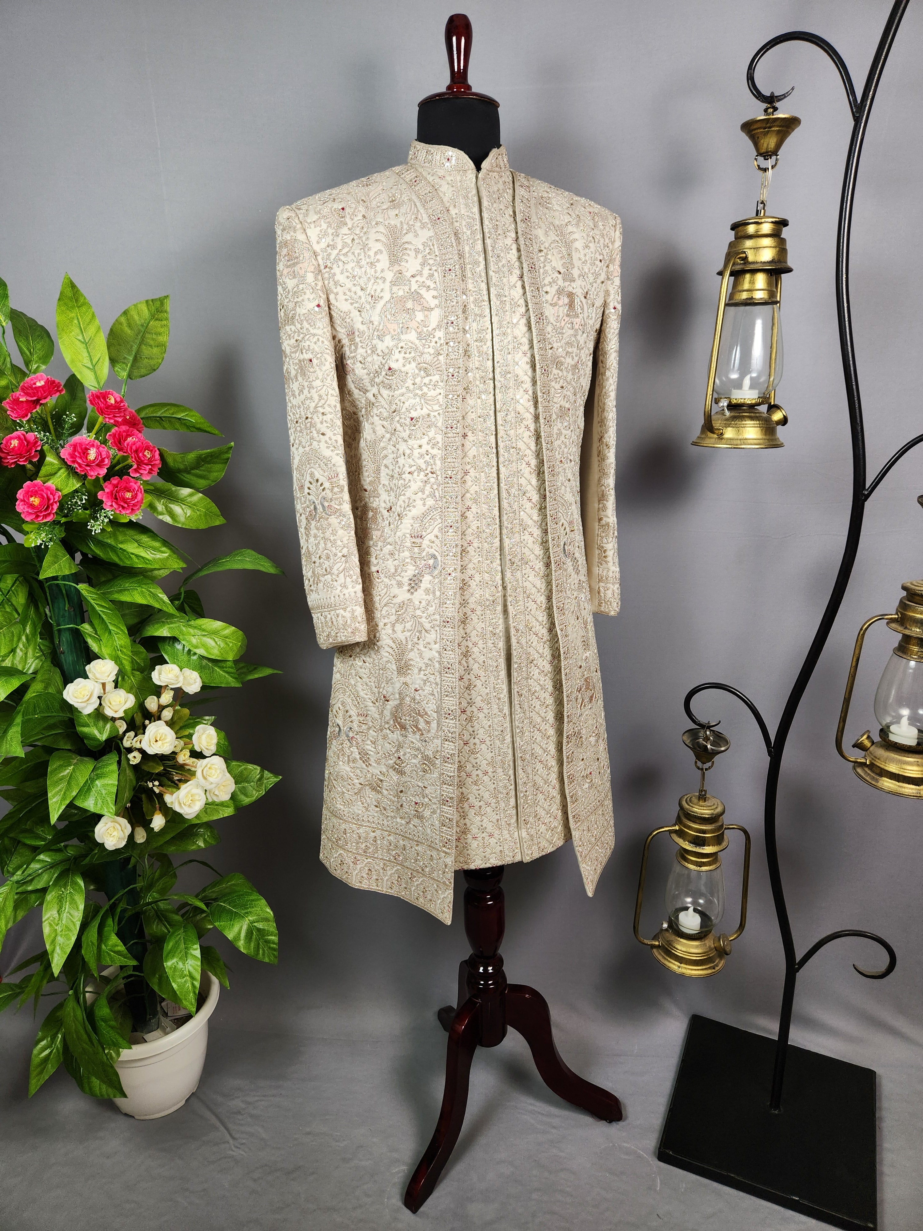 Light Golden Sherwani for Groom  -   Indian Wedding Outfit for Men