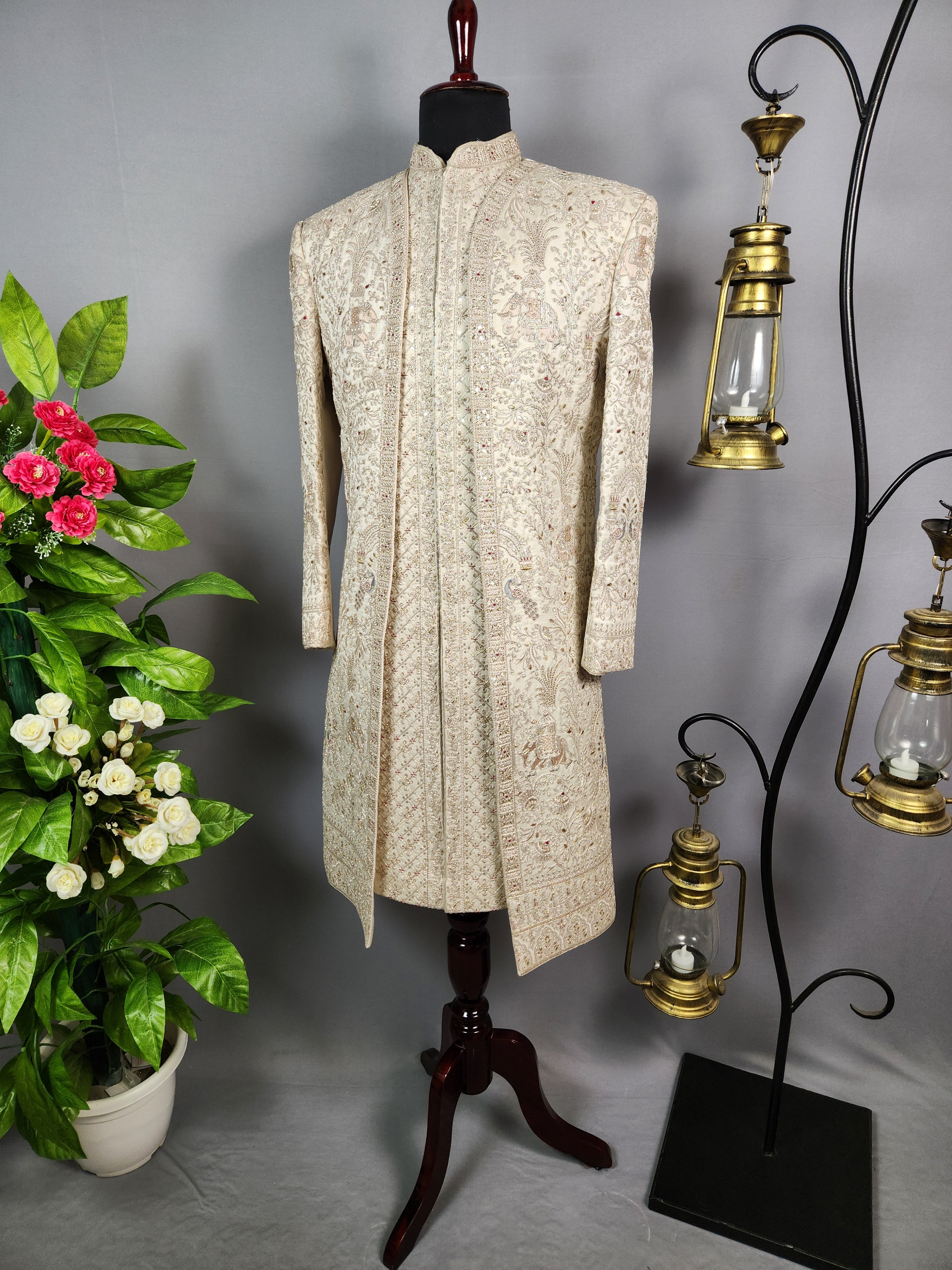 Light Golden Sherwani for Groom  -   Indian Wedding Outfit for Men