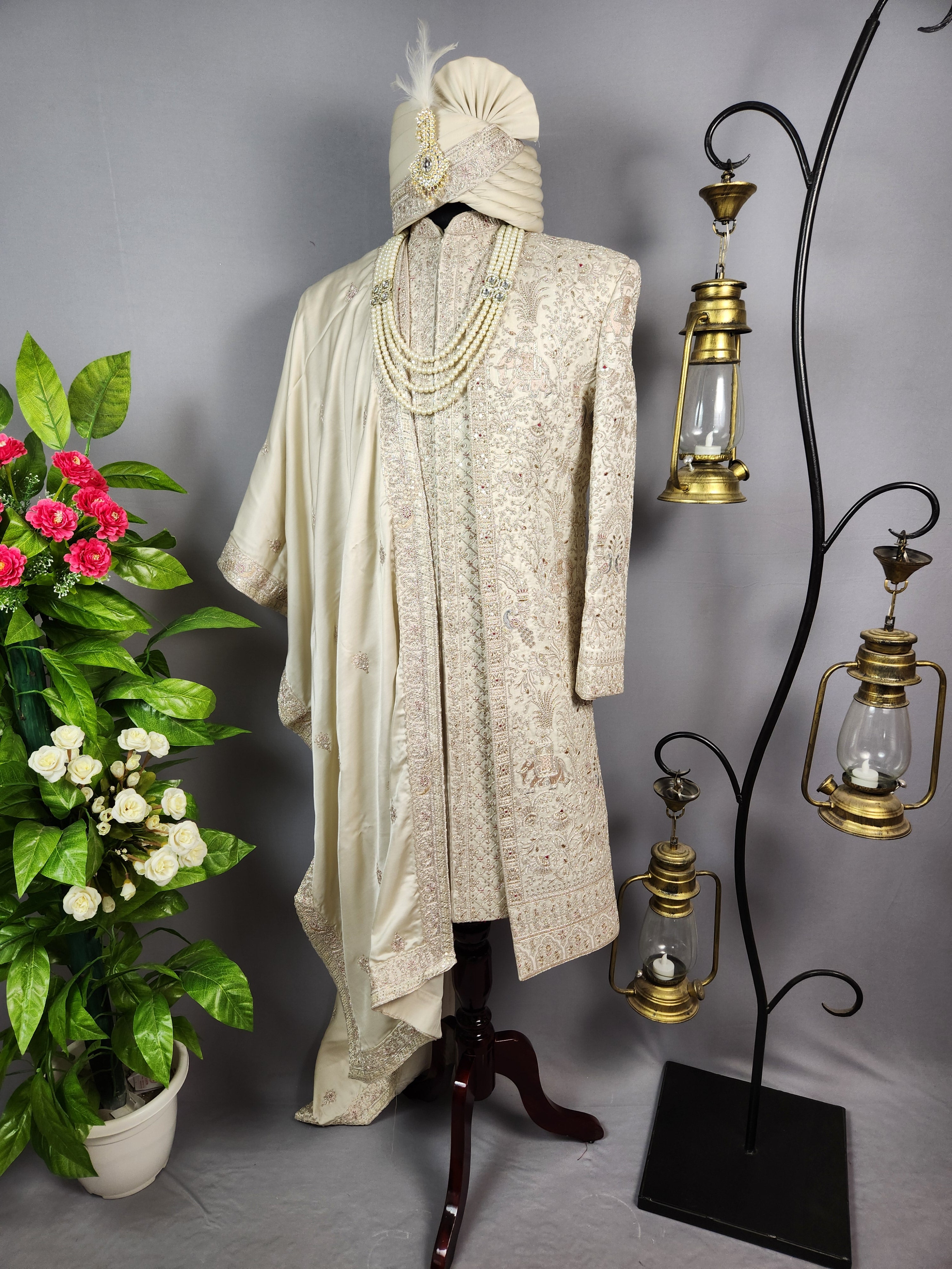 Light Golden Sherwani for Groom  -   Indian Wedding Outfit for Men