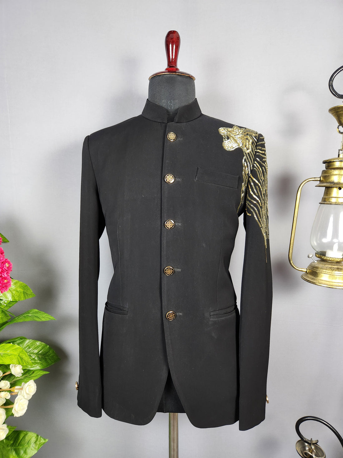 Lion Figure Black Jodhpuri Suit for Men  -   Indian Wedding Outfit for Men