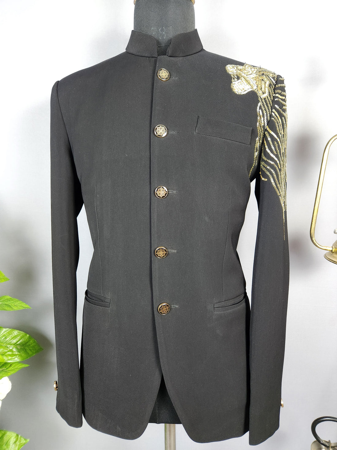 Lion Figure Black Jodhpuri Suit for Men  -   Indian Wedding Outfit for Men