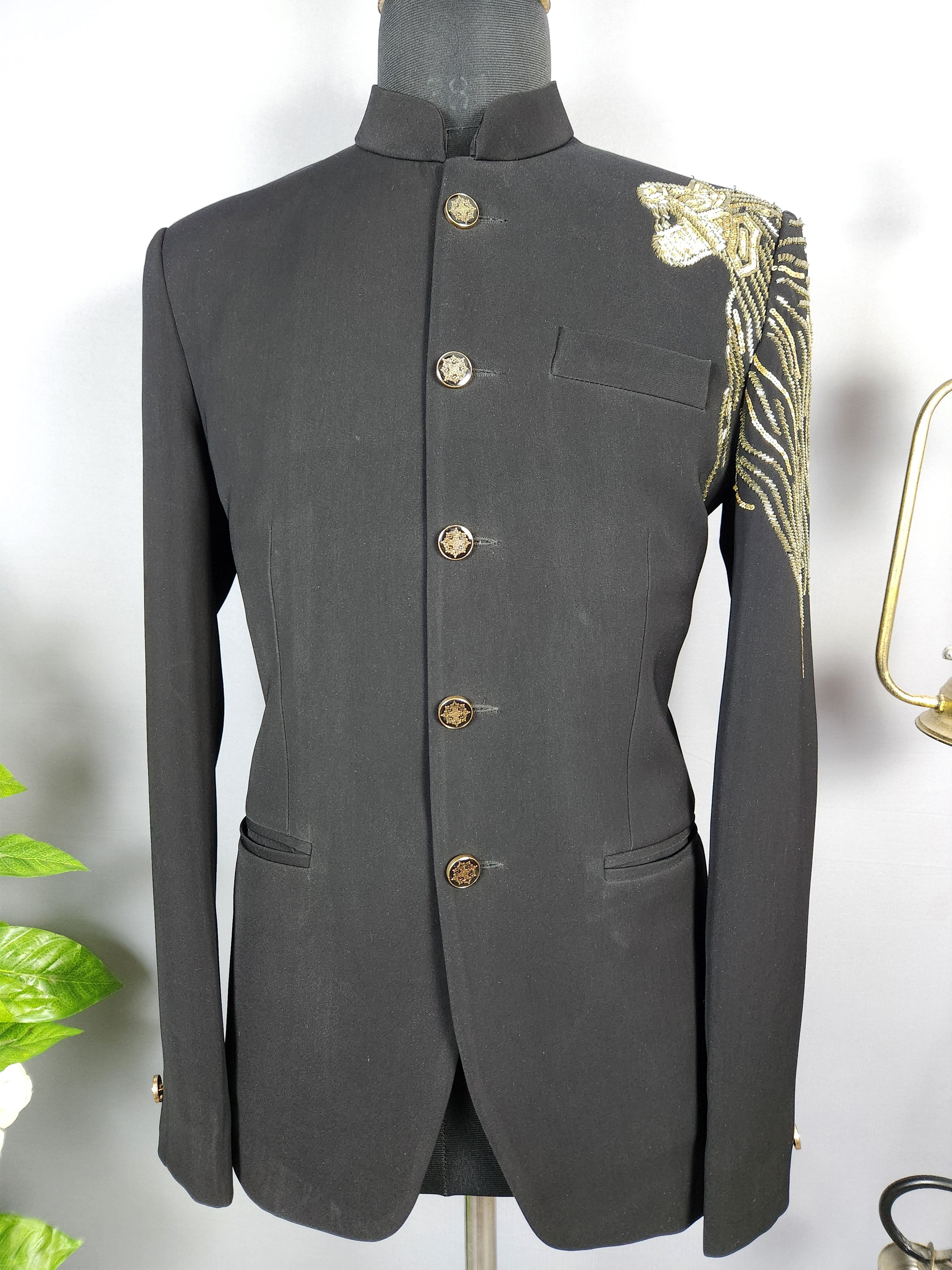 Lion Figure Black Jodhpuri Suit for Men  -   Indian Wedding Outfit for Men