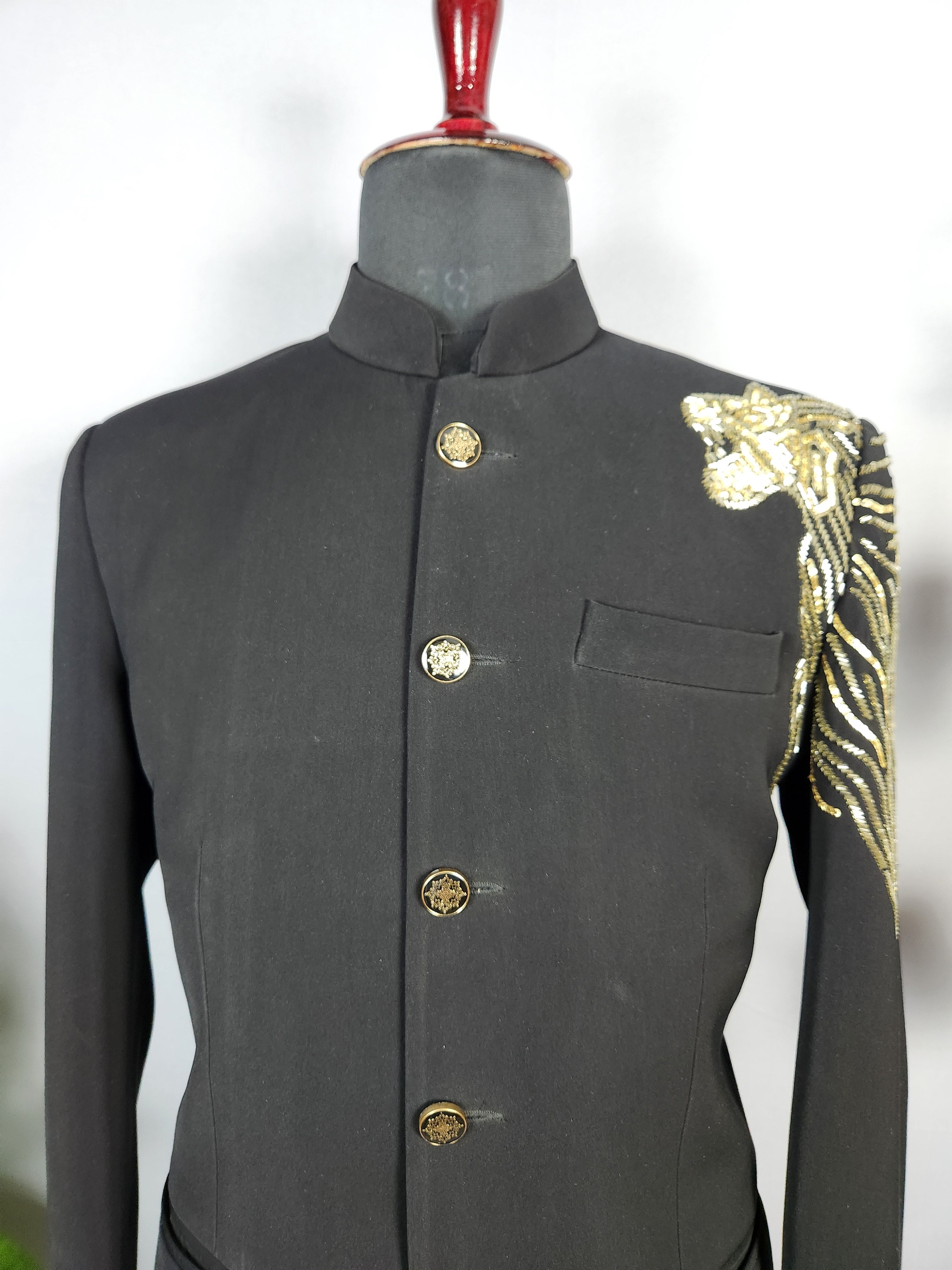 Lion Figure Black Jodhpuri Suit for Men  -   Indian Wedding Outfit for Men