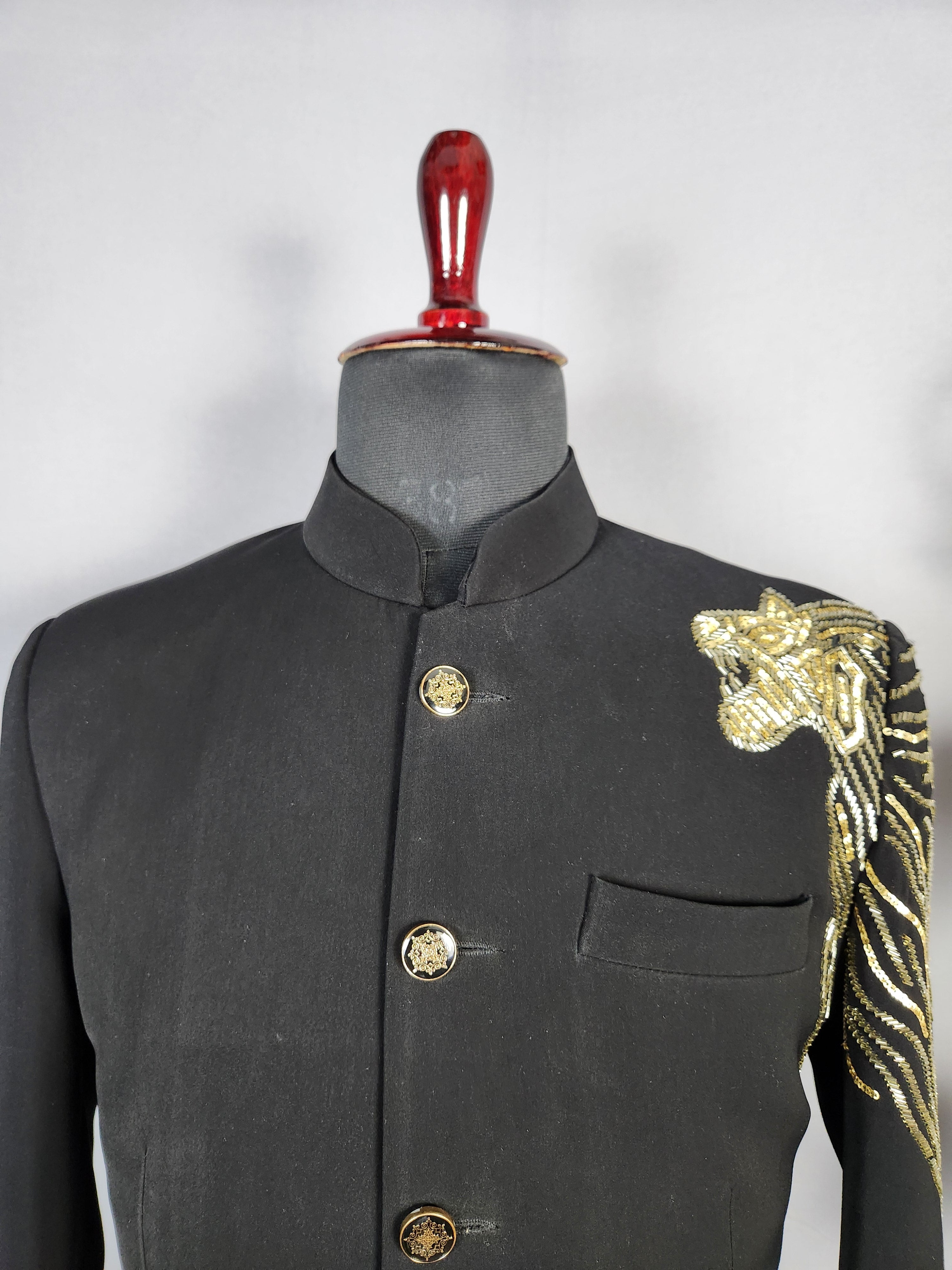 Lion Figure Black Jodhpuri Suit for Men  -   Indian Wedding Outfit for Men