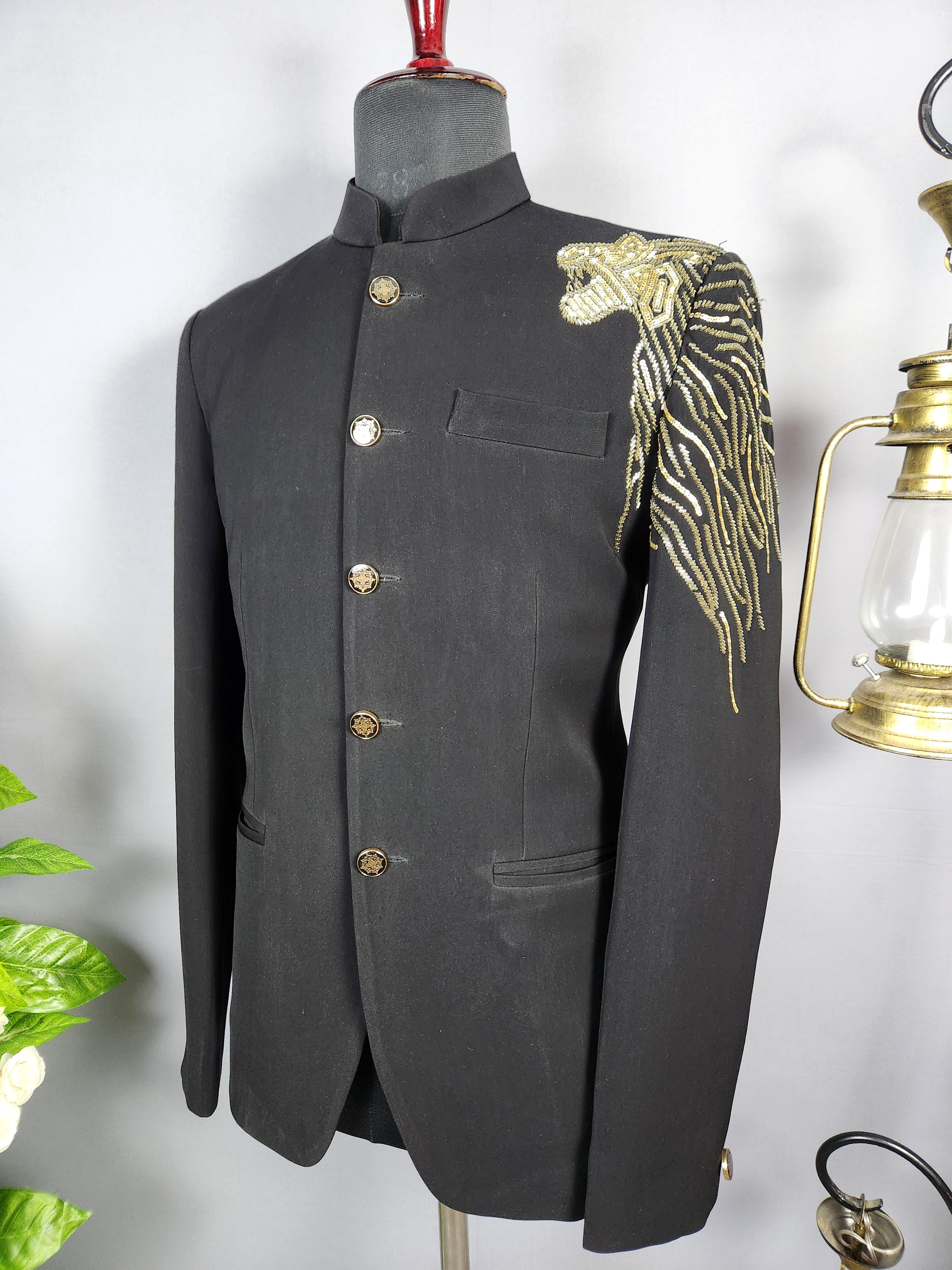 Lion Figure Black Jodhpuri Suit for Men  -   Indian Wedding Outfit for Men
