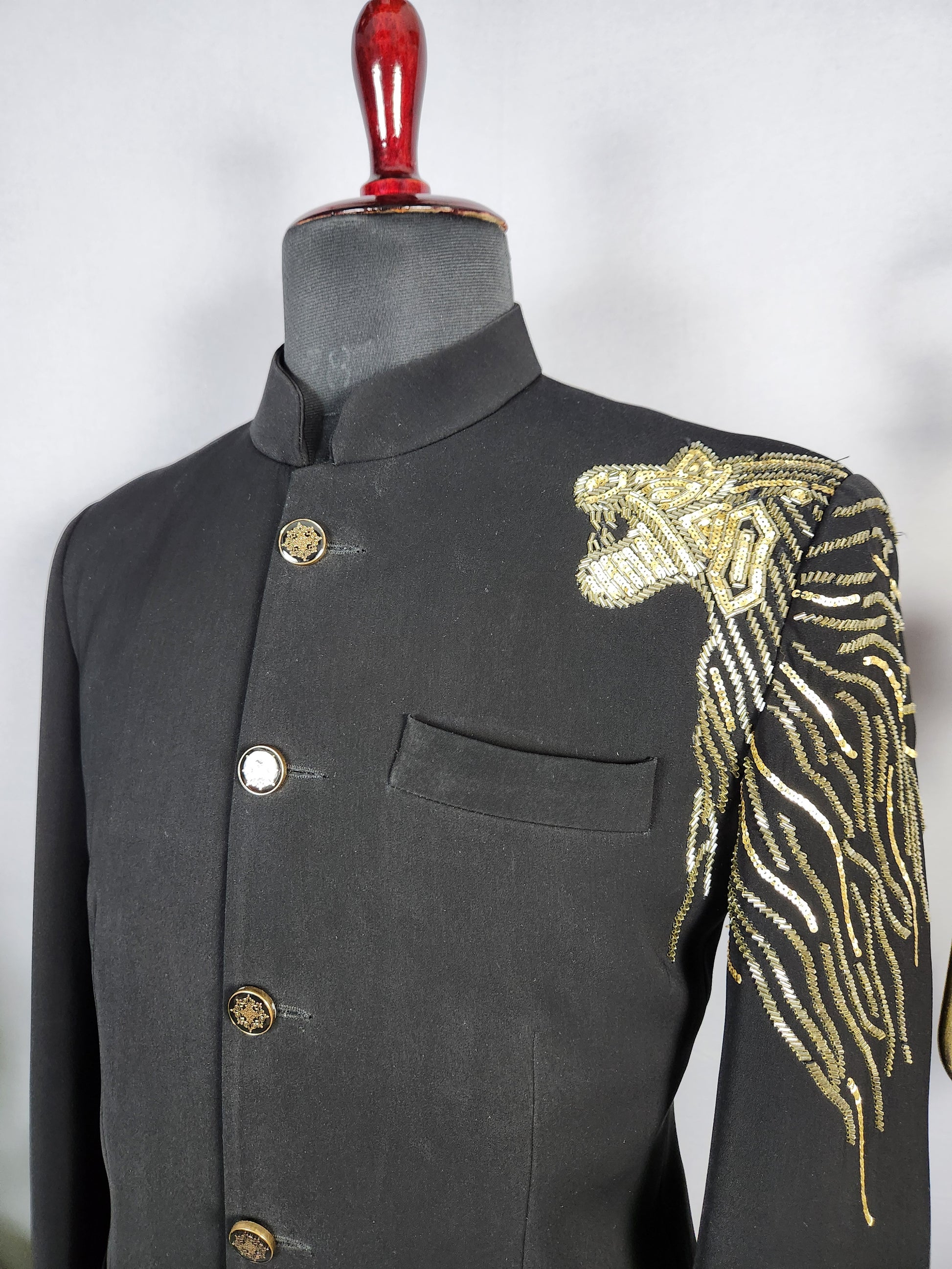 Lion Figure Black Jodhpuri Suit for Men  -   Indian Wedding Outfit for Men