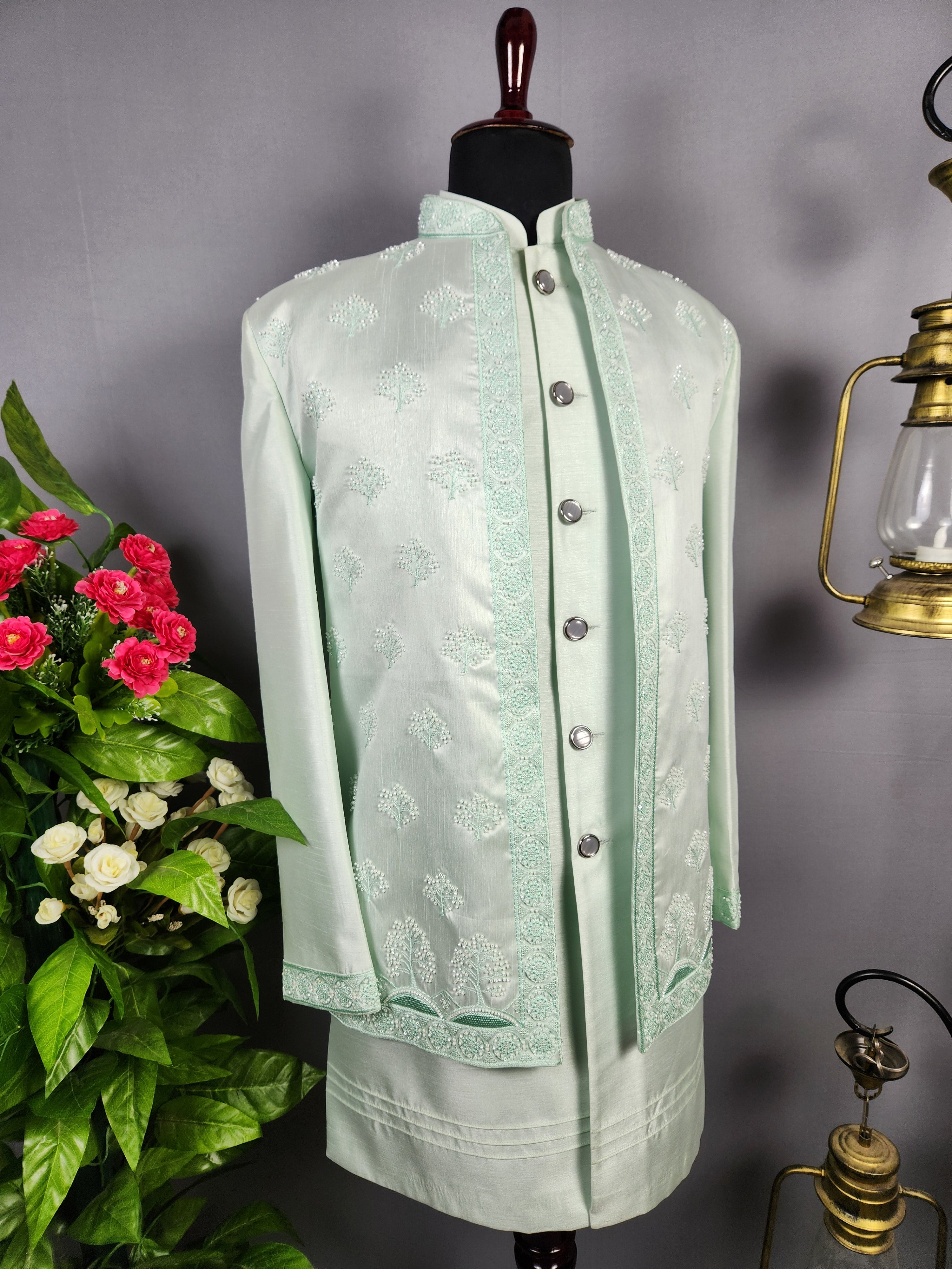 Mint Green Indo-Western Sherwani for Groom  -   Indian Wedding Outfit for Men