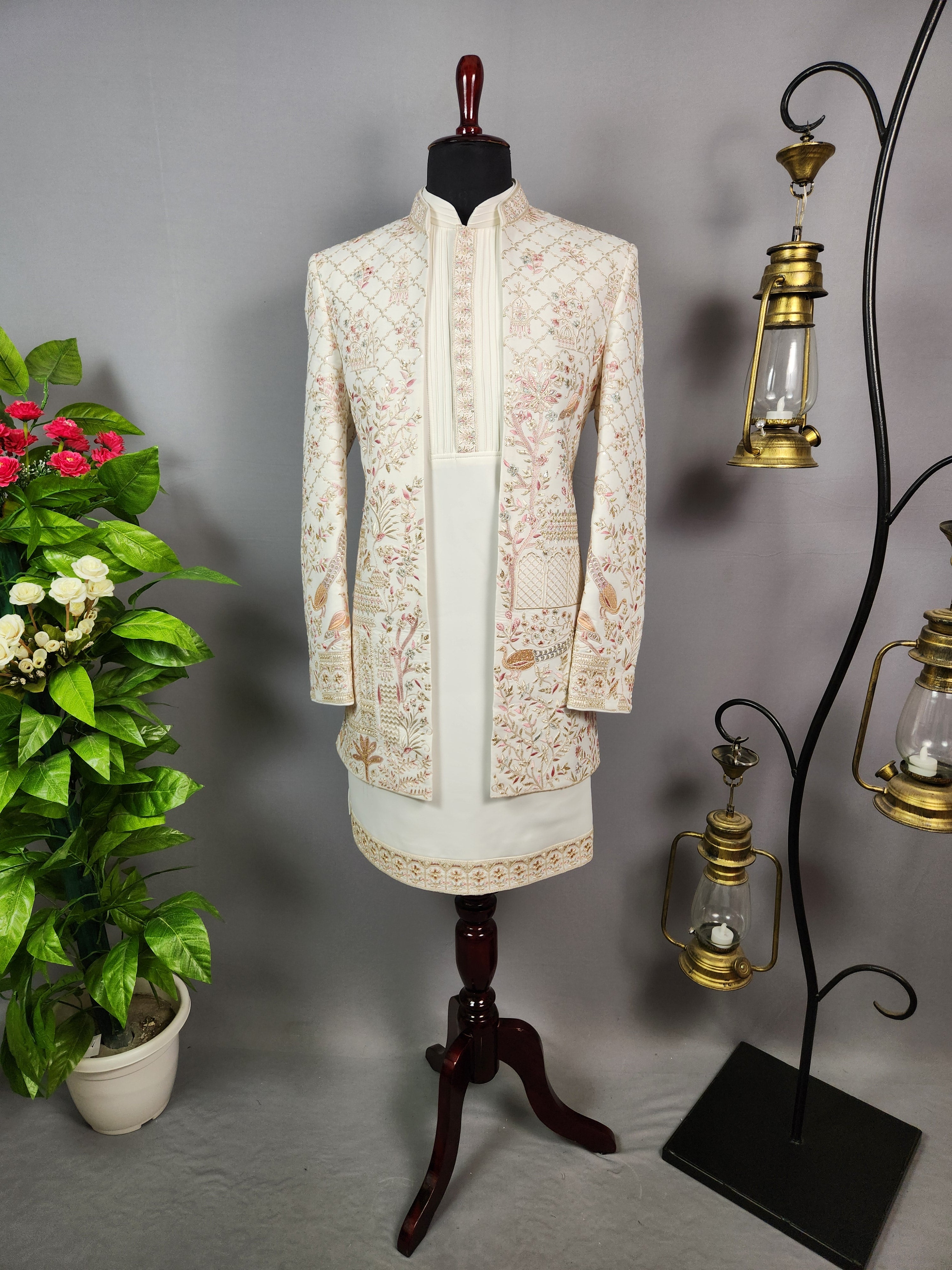 Off-White Indo-Western Sherwani for Men | Indian Groom Wedding Outfit