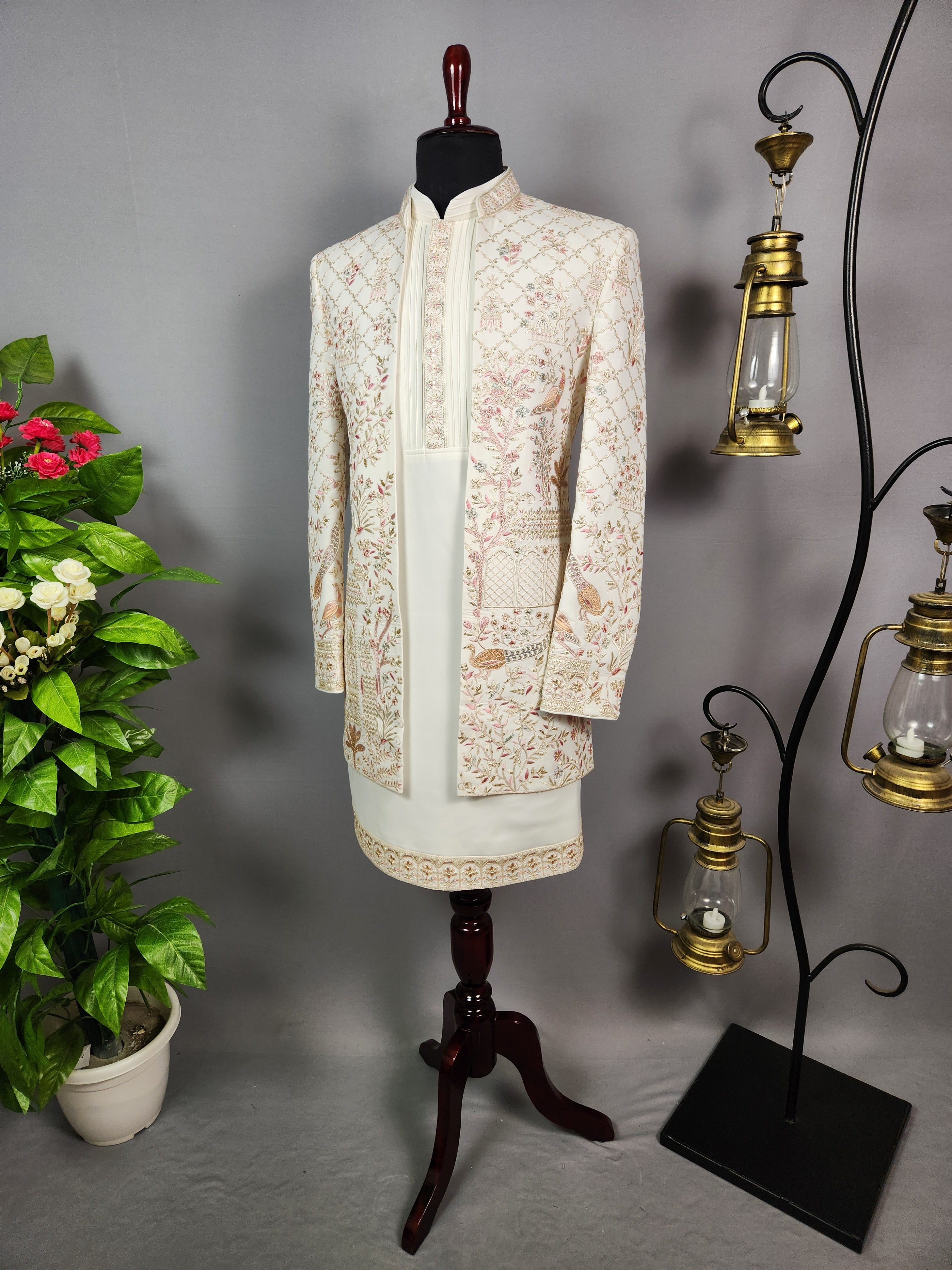 Off-White Indo-Western Sherwani for Men | Indian Groom Wedding Outfit