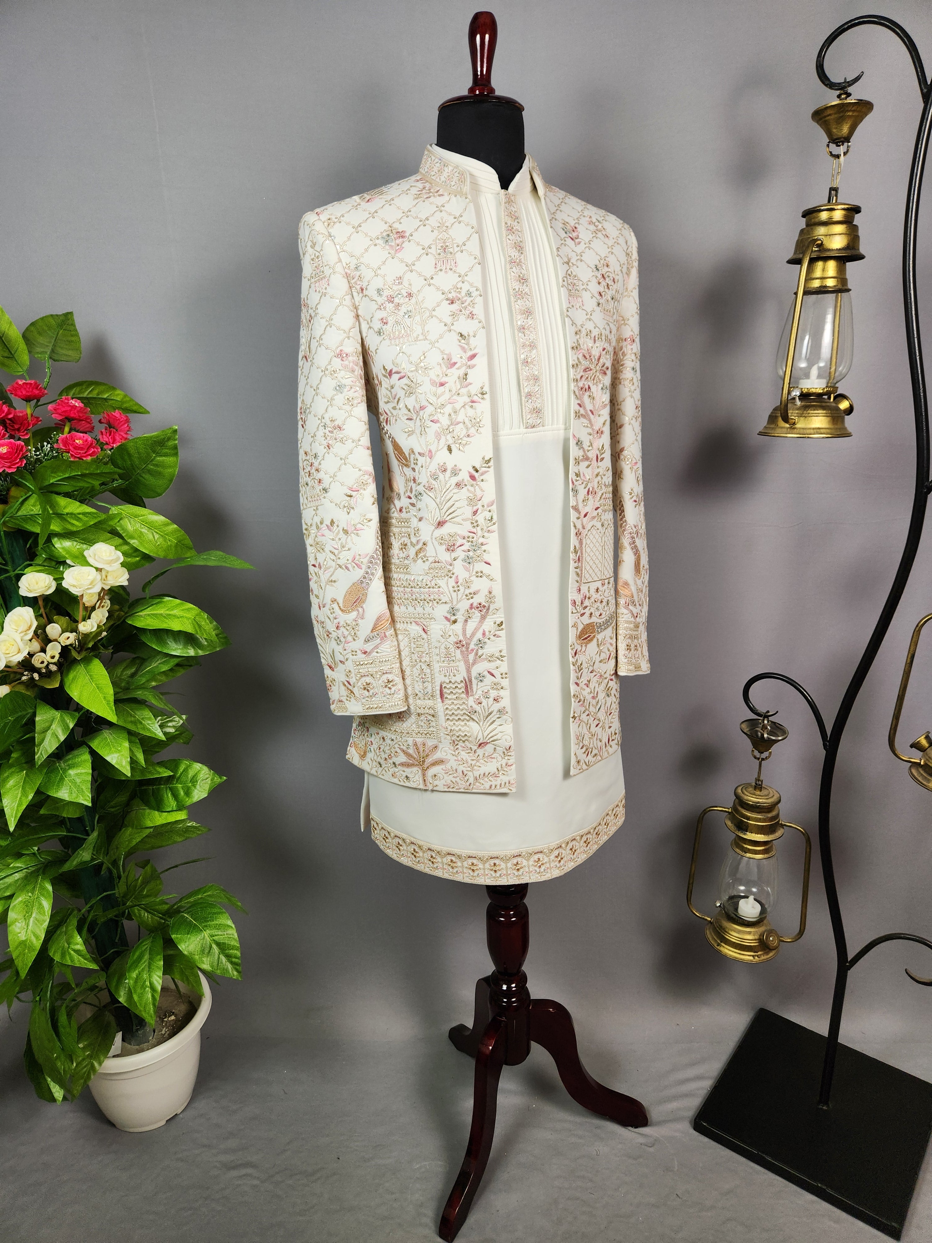Off-White Indo-Western Sherwani for Men | Indian Groom Wedding Outfit