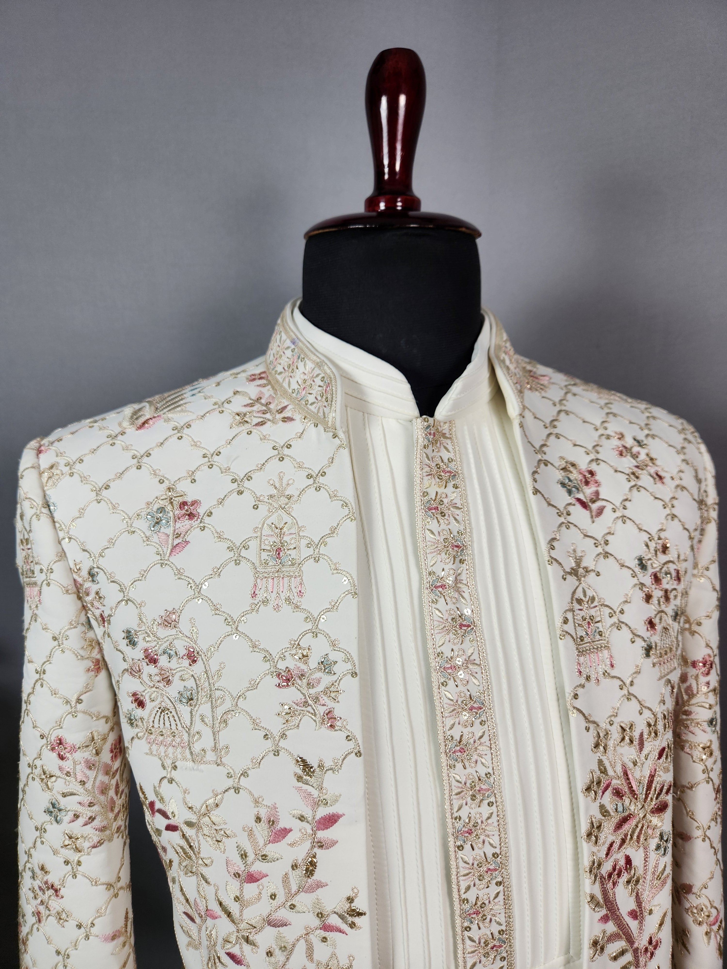 Off-White Indo-Western Sherwani for Men | Indian Groom Wedding Outfit