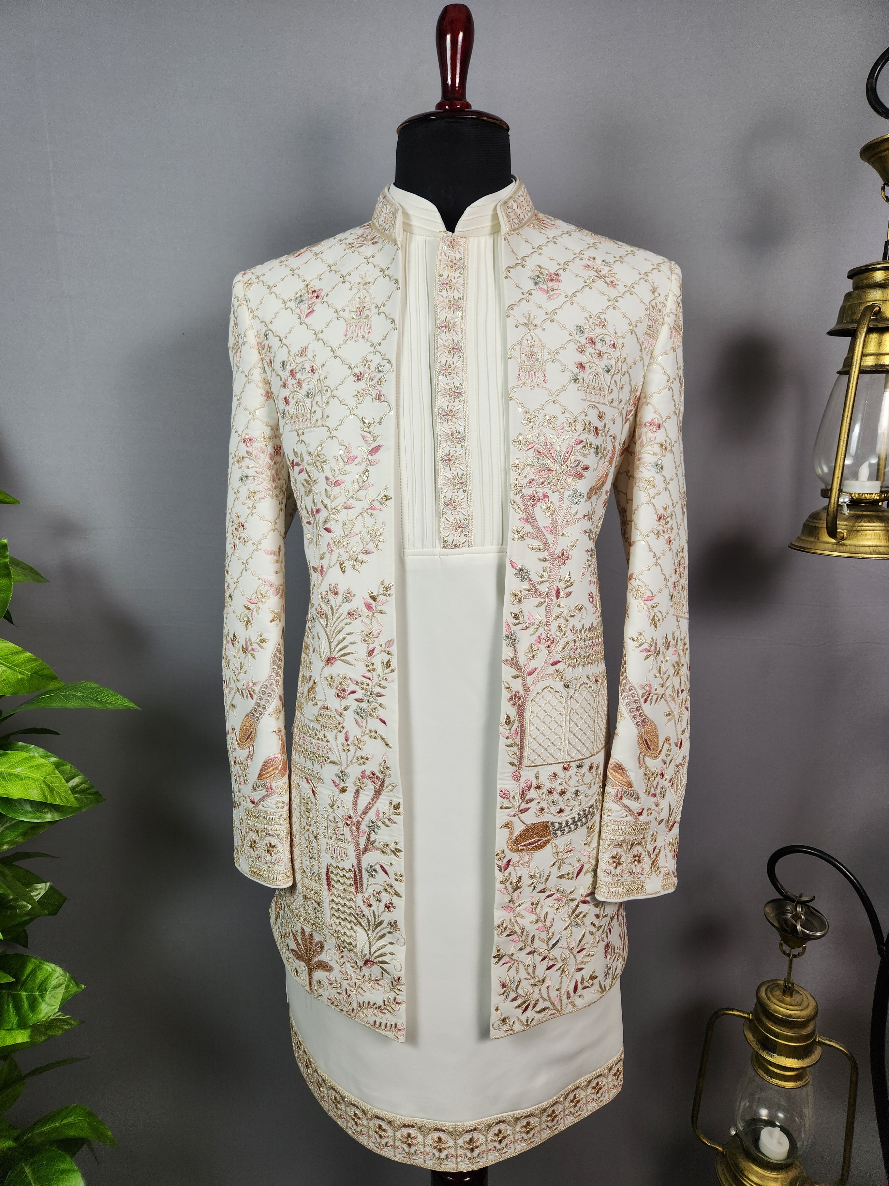 Off-White Indo-Western Sherwani for Men | Indian Groom Wedding Outfit