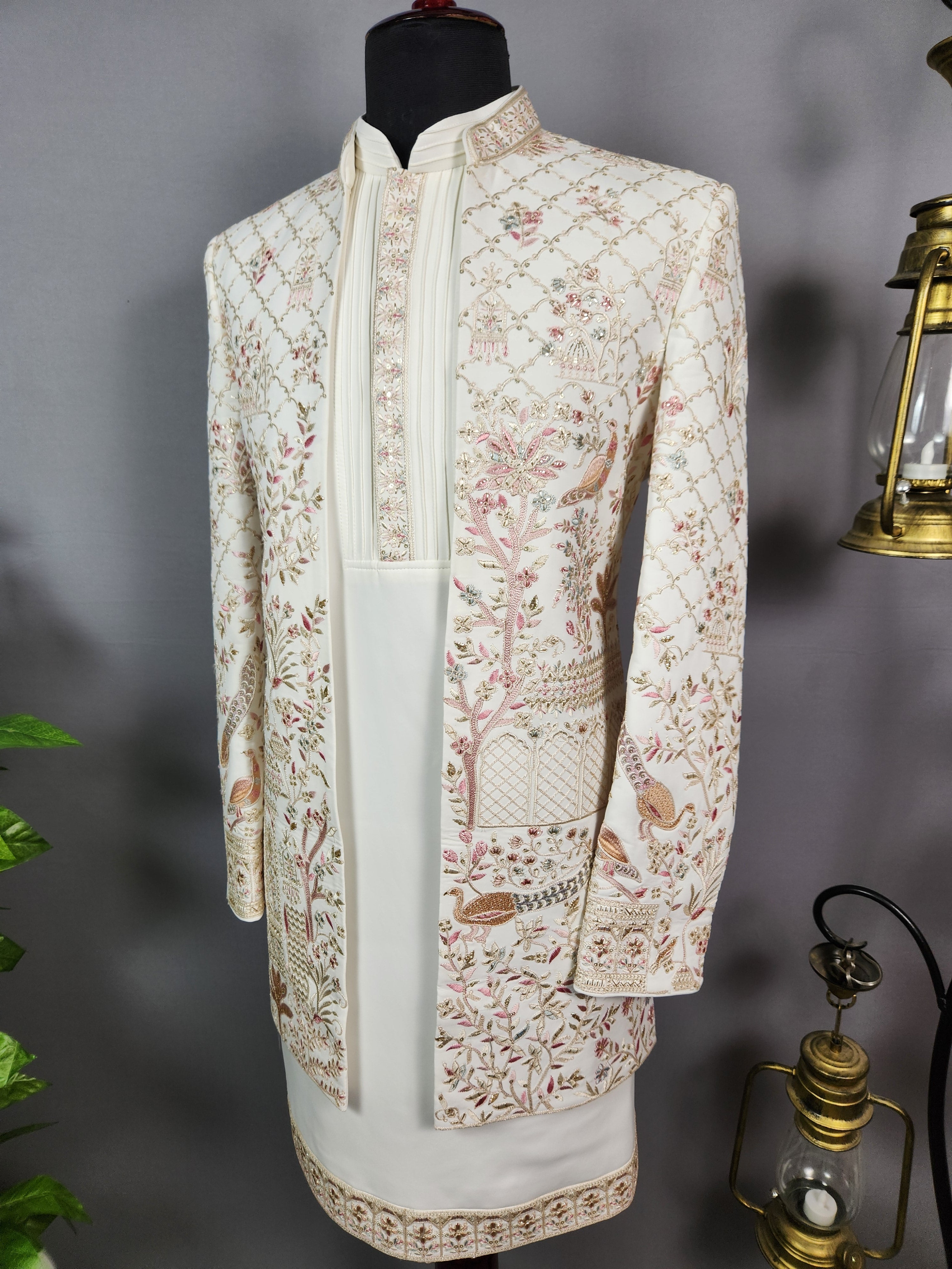 Off-White Indo-Western Sherwani for Men | Indian Groom Wedding Outfit