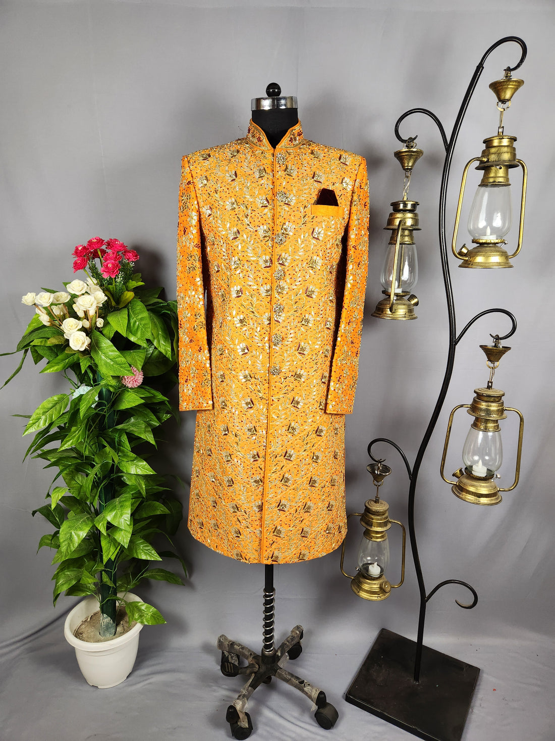 Orange Wedding Groom Sherwani with Gotta Patti Work