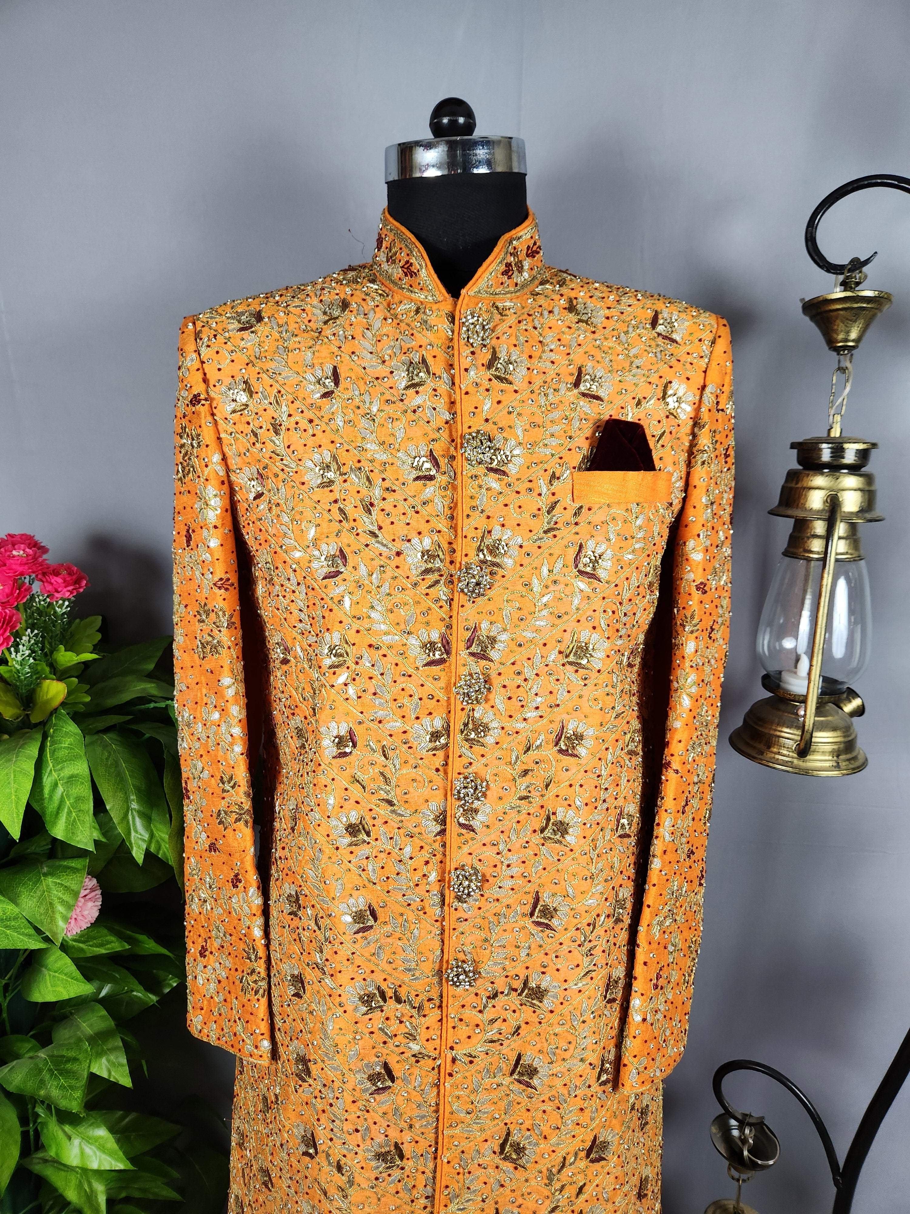 Orange Wedding Groom Sherwani with Gotta Patti Work