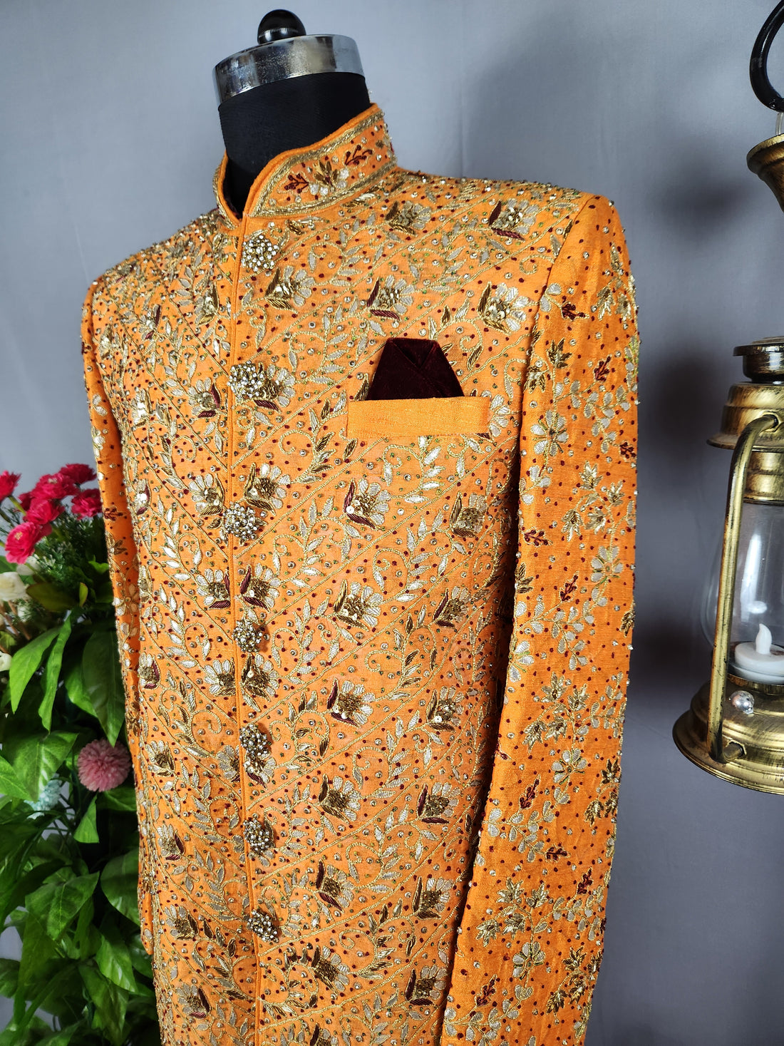 Orange Wedding Groom Sherwani with Gotta Patti Work
