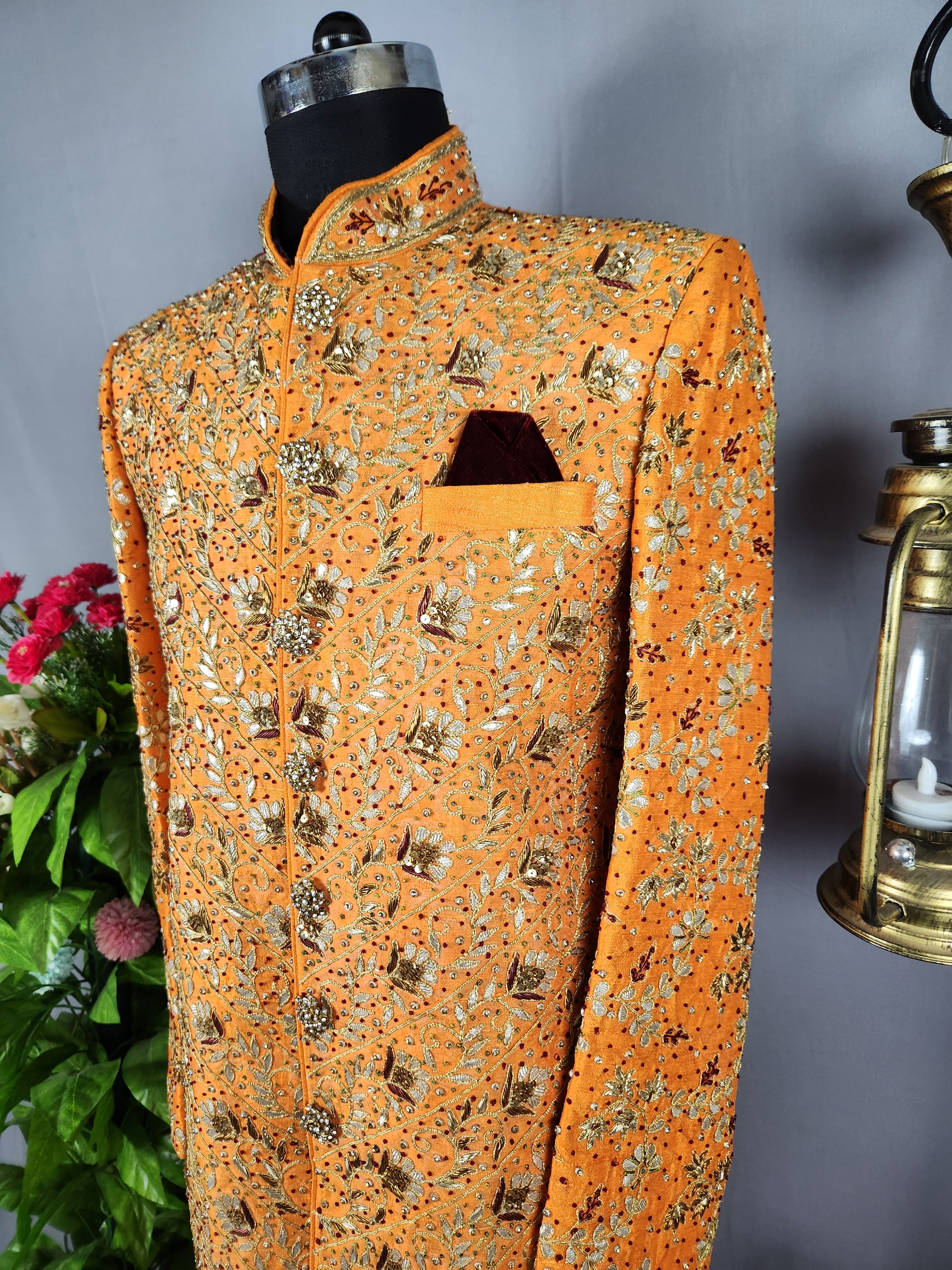 Orange Wedding Groom Sherwani with Gotta Patti Work