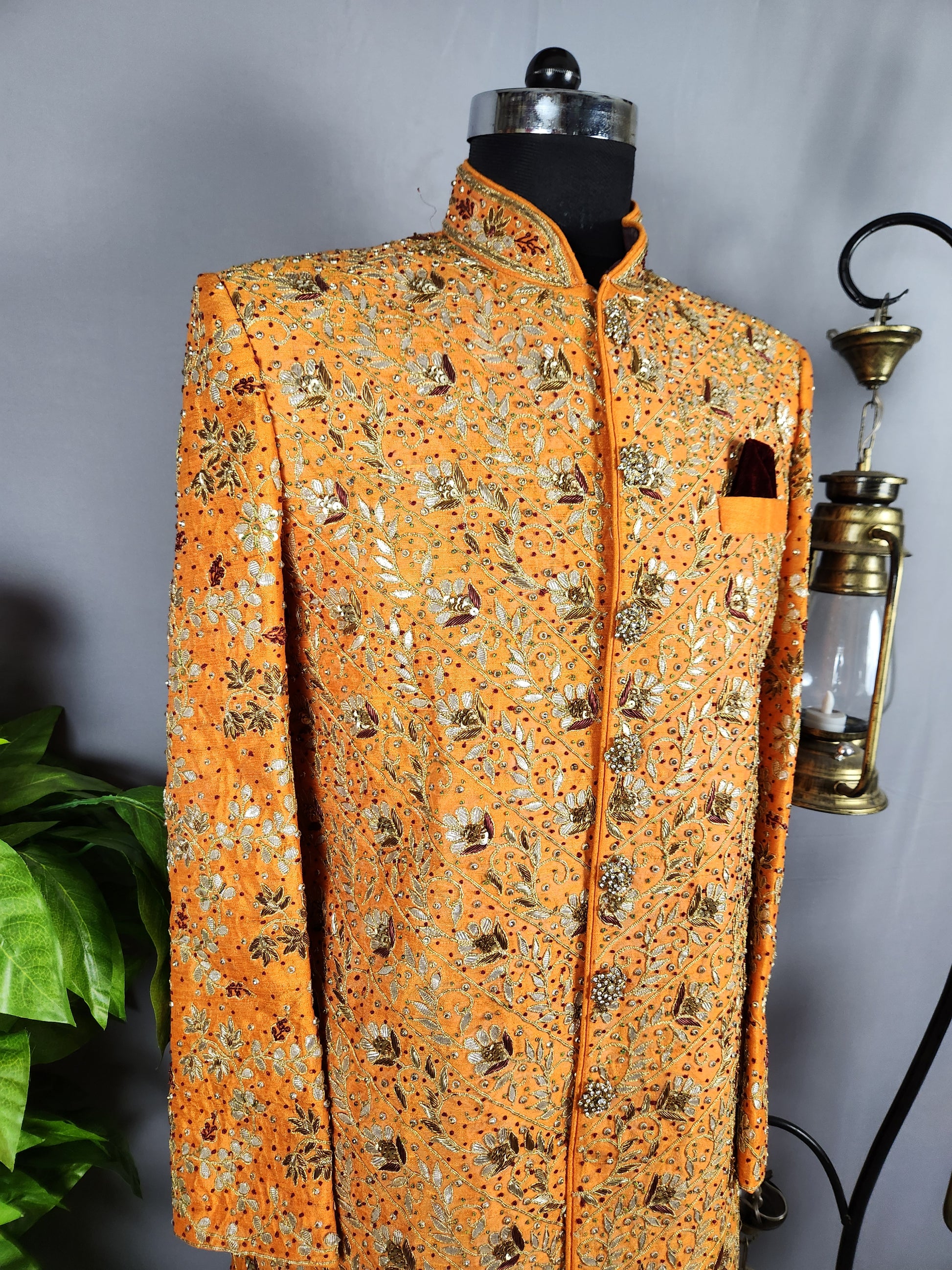 Orange Wedding Groom Sherwani with Gotta Patti Work