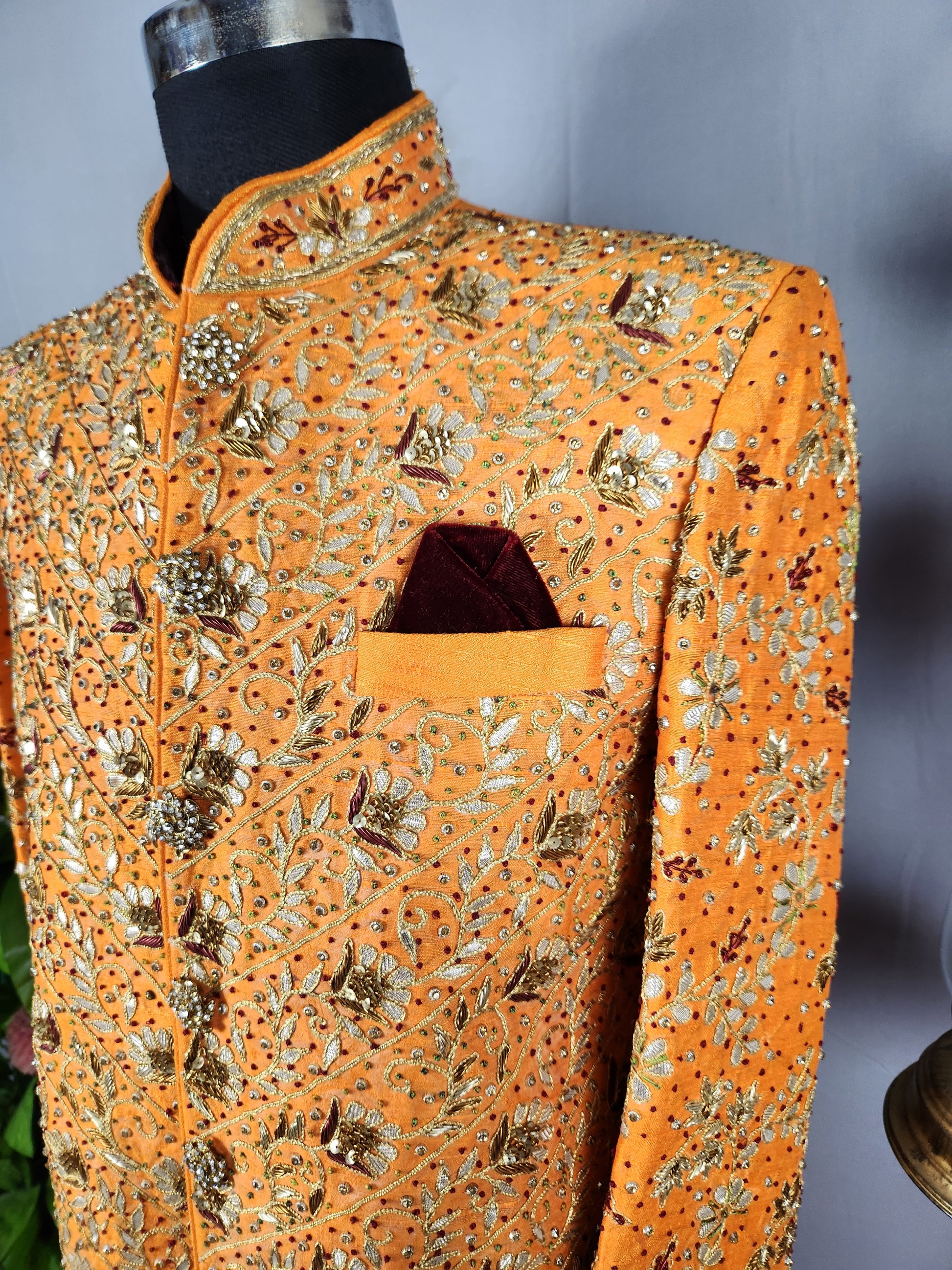 Orange Wedding Groom Sherwani with Gotta Patti Work