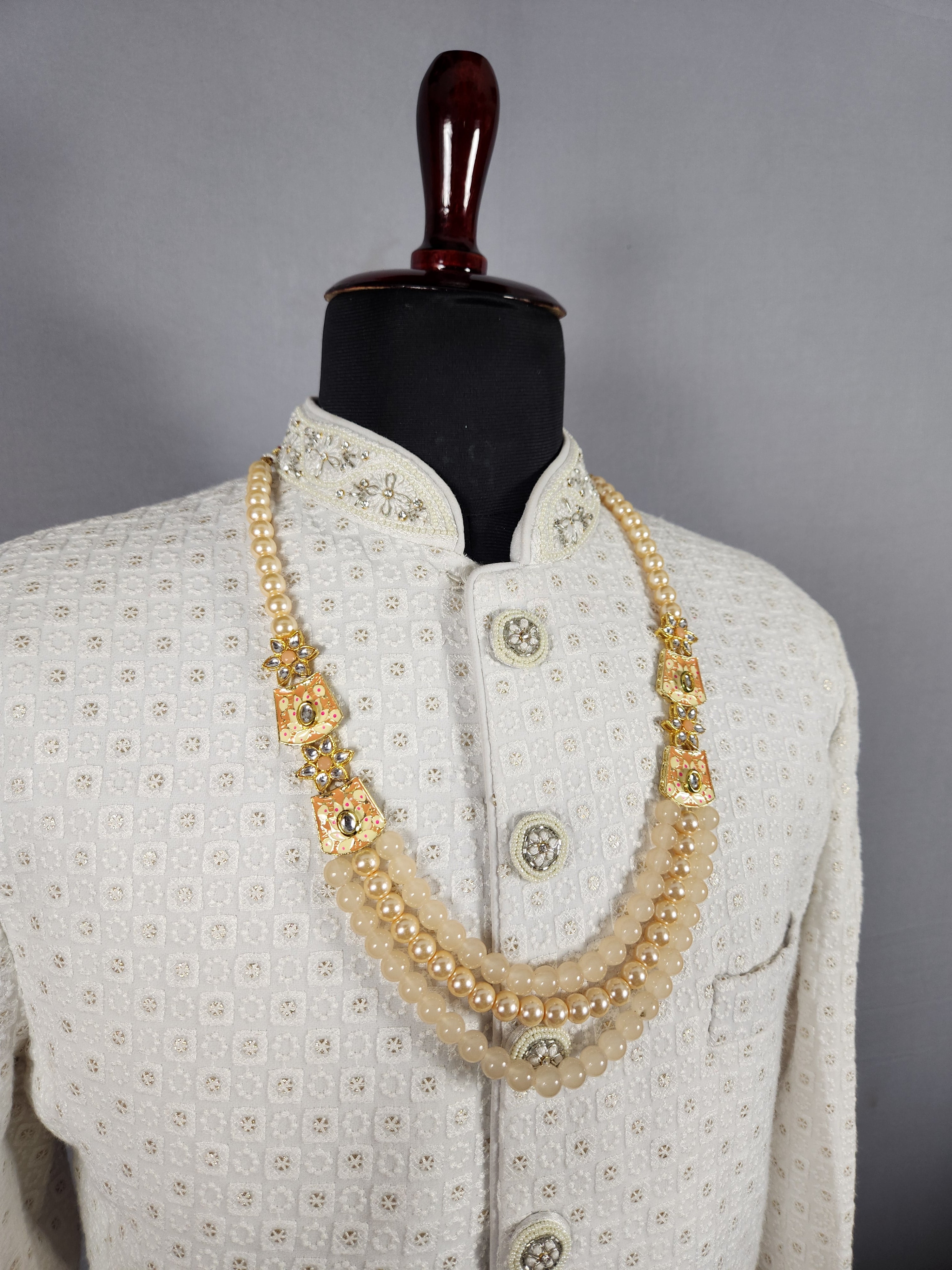 Peach Groom Necklace - Two Mina Brooch | Wedding Mala For Sherwani