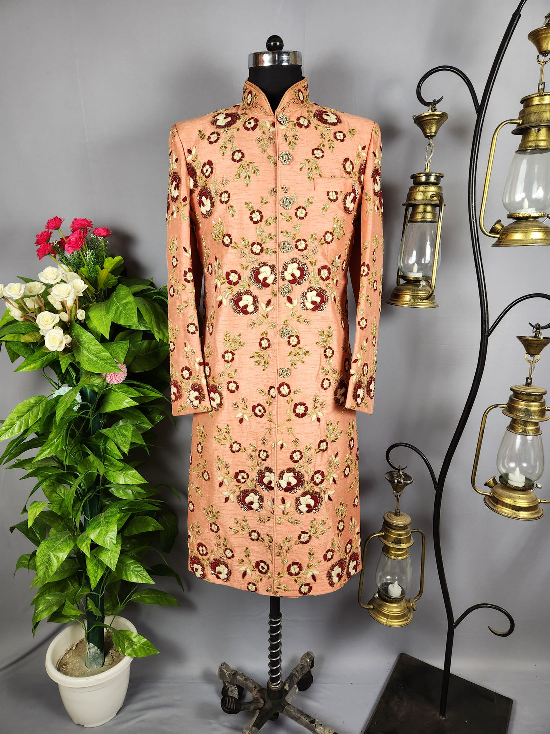 Peach Wedding Groom Sherwani with Red White Silk Threads Work