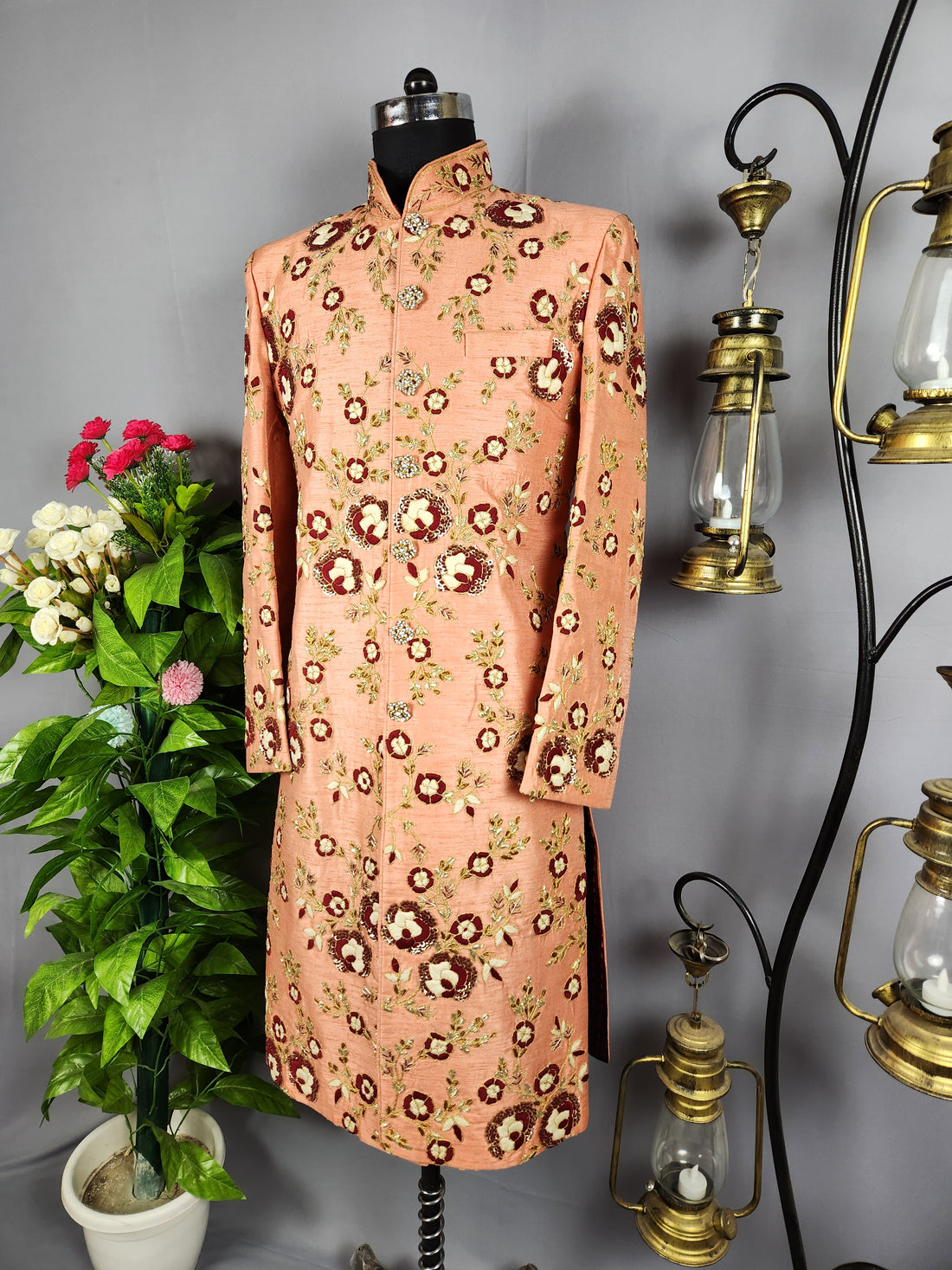 Peach Wedding Groom Sherwani with Red White Silk Threads Work