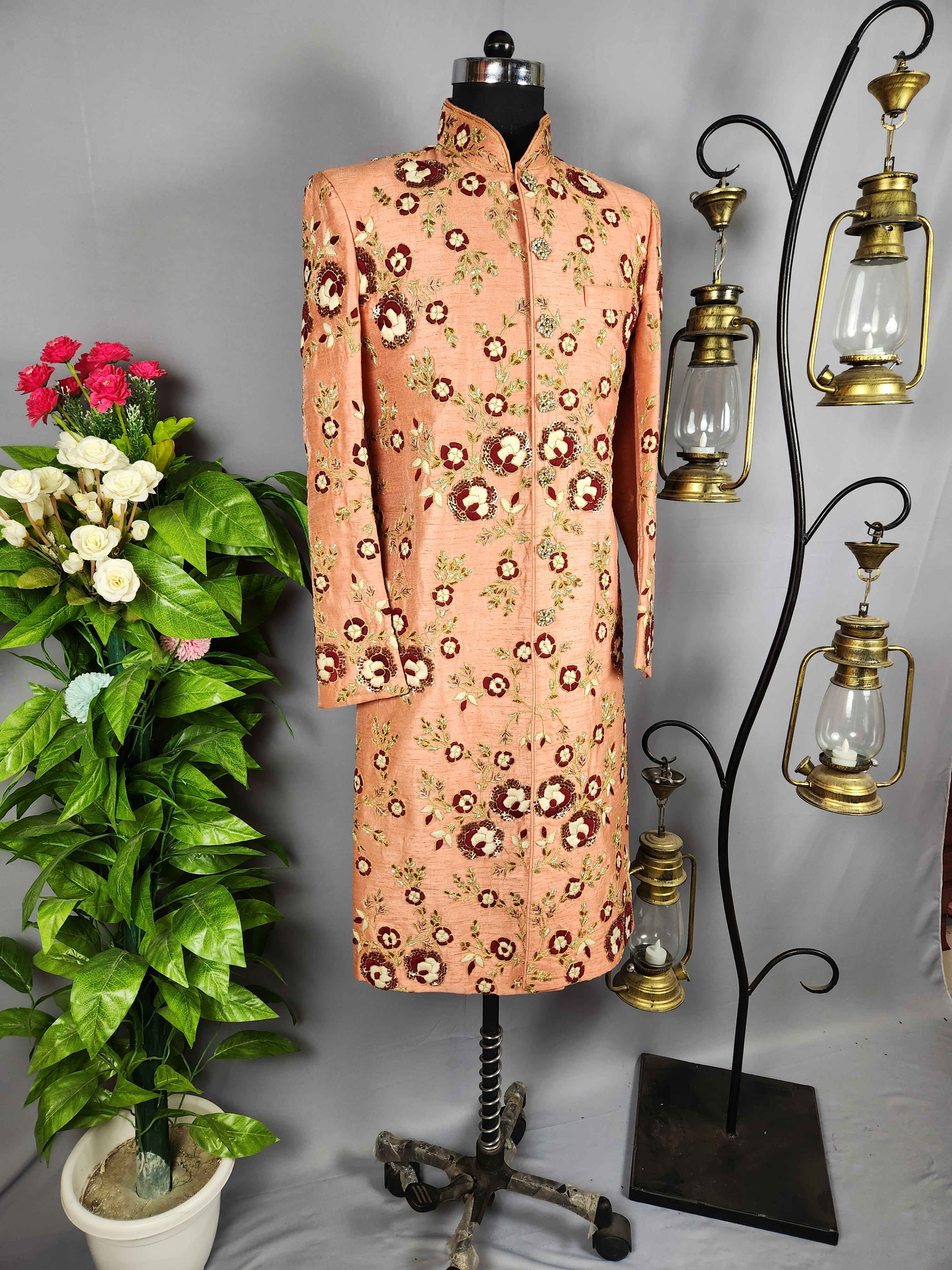Peach Wedding Groom Sherwani- Red White Silk Threads | Sherwani For Men