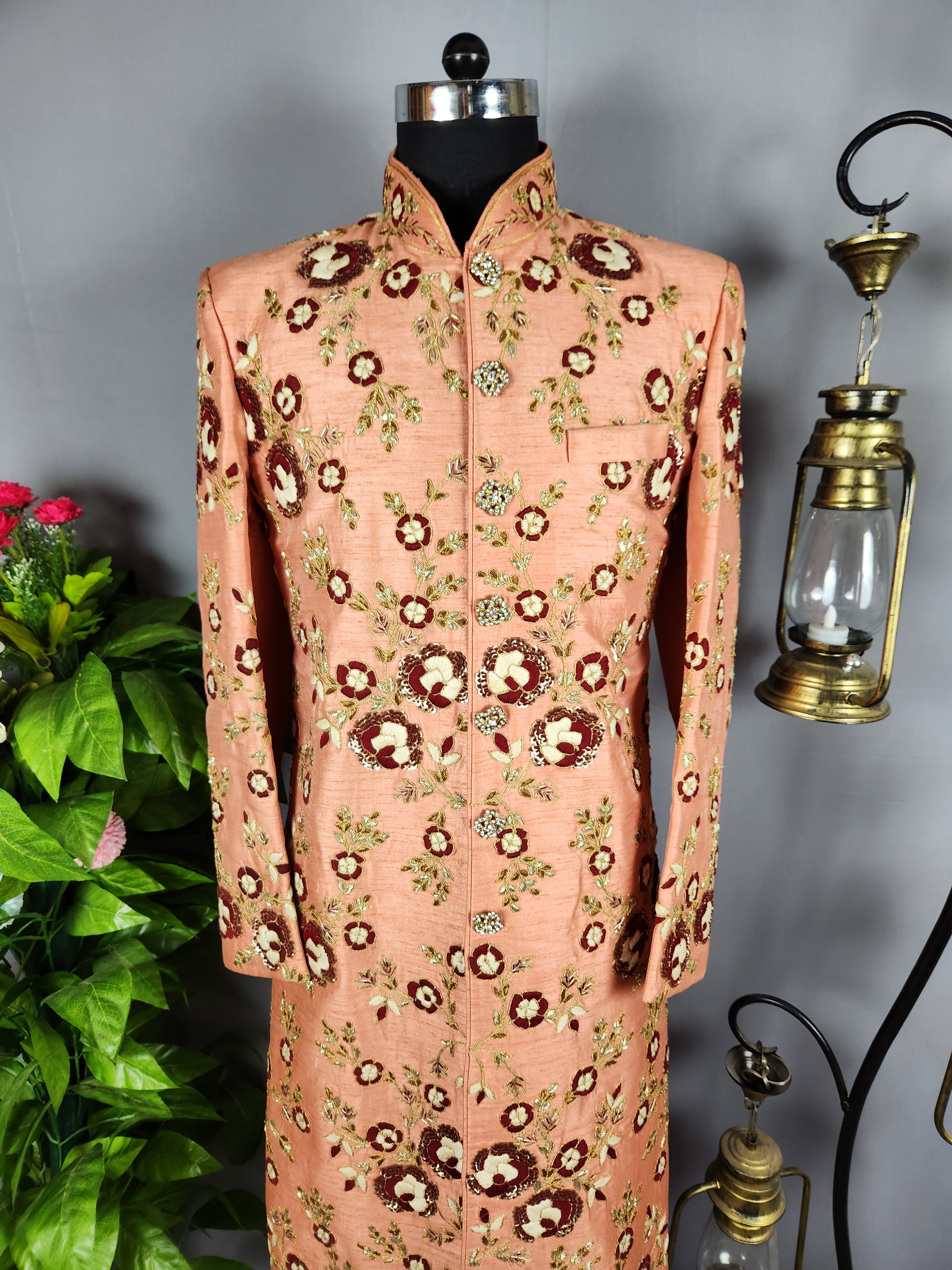 Peach Wedding Groom Sherwani- Red White Silk Threads | Sherwani For Men