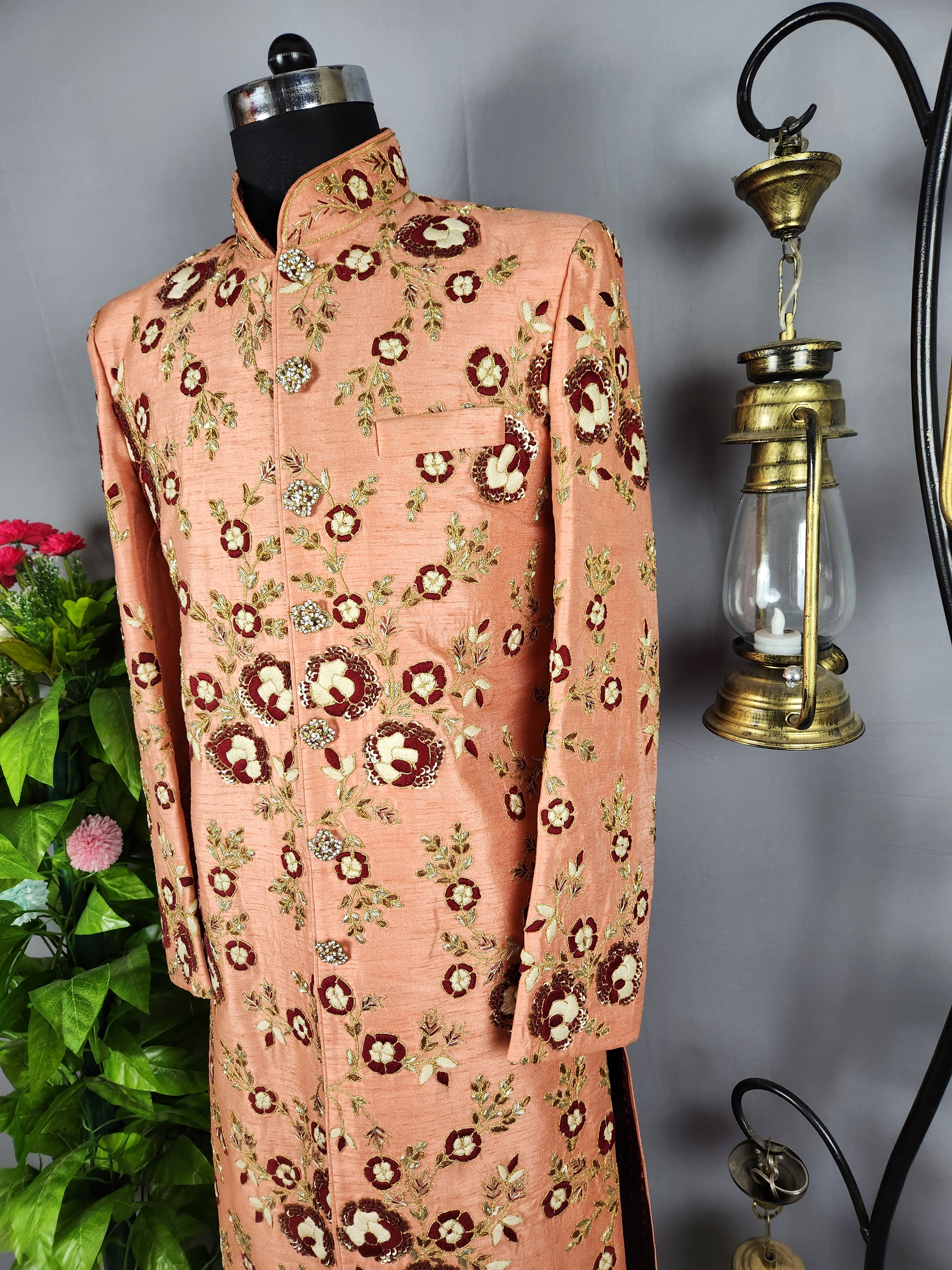 Peach Wedding Groom Sherwani- Red White Silk Threads | Sherwani For Men