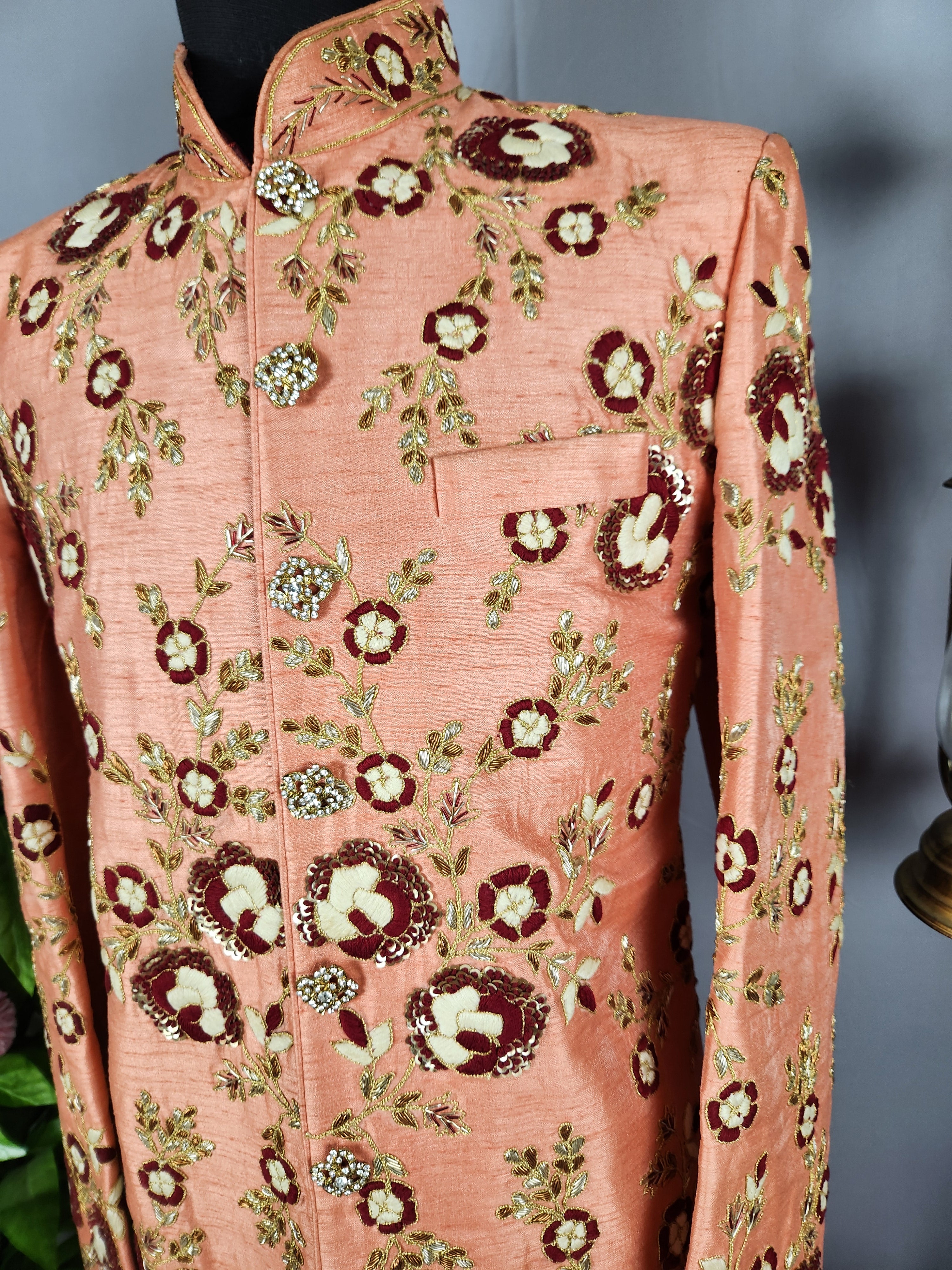 Peach Wedding Groom Sherwani- Red White Silk Threads | Sherwani For Men