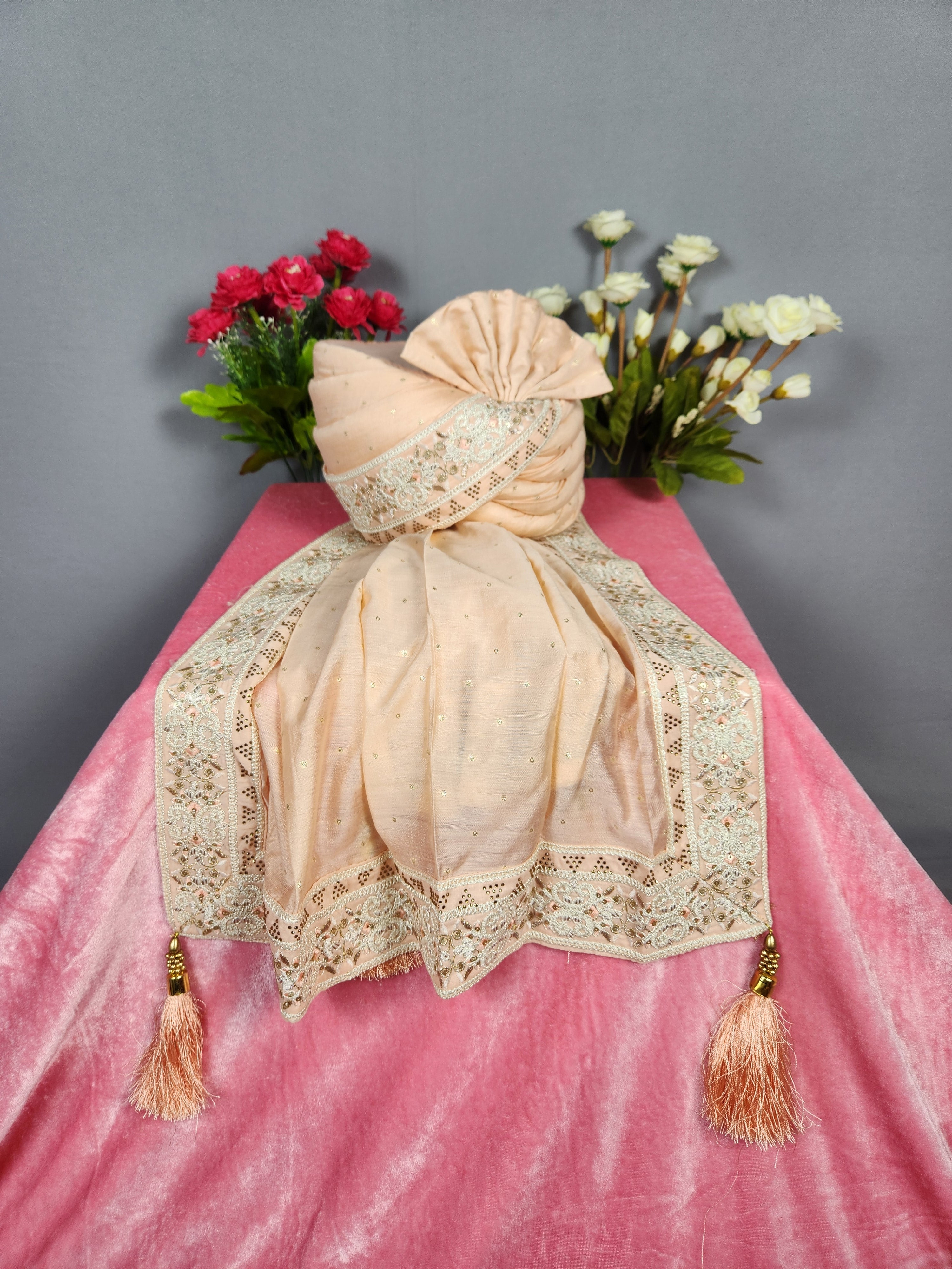 Peach Groom Turban Shawl Set