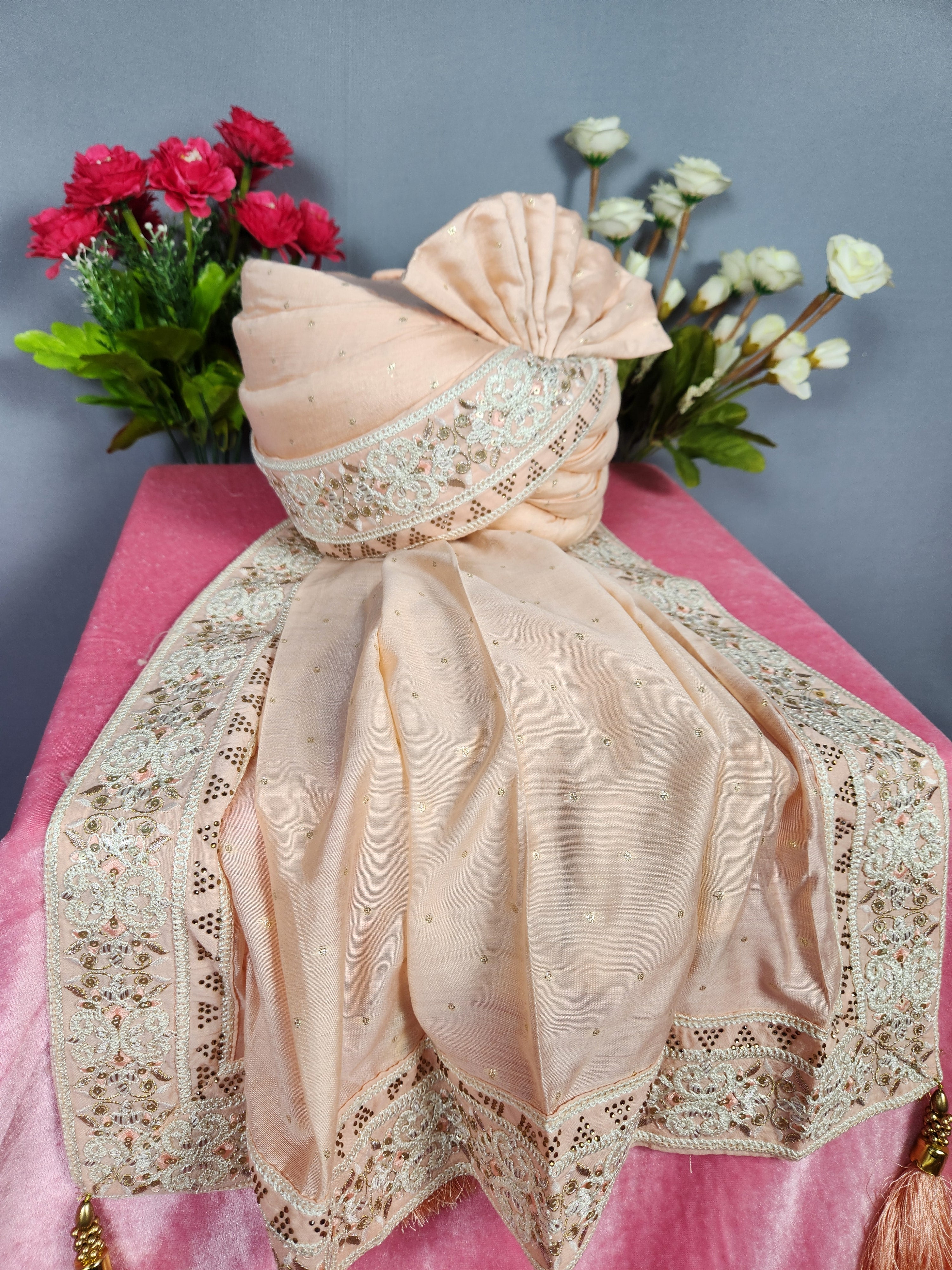 Peach Groom Turban Shawl Set