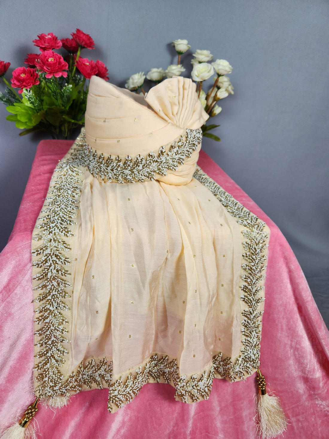 Peach Groom Turban Shawl Set