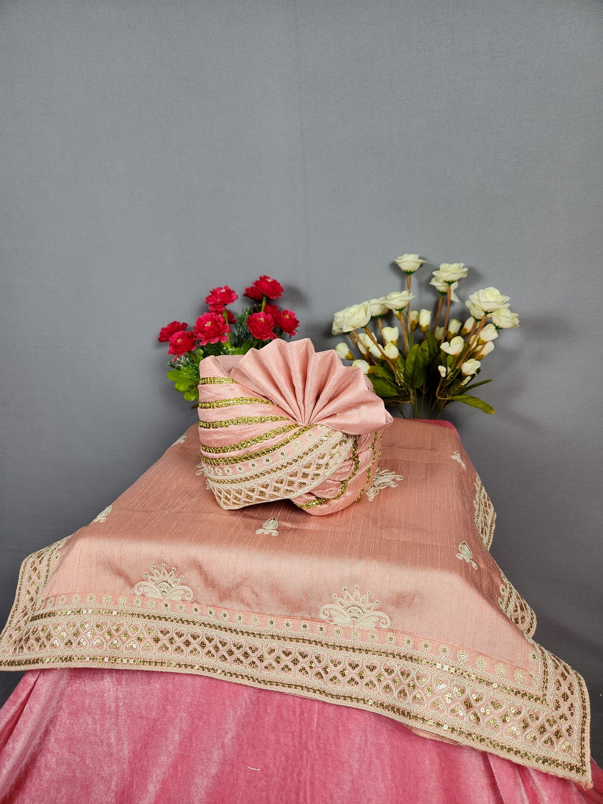 Peach Groom Turban Shawl Set