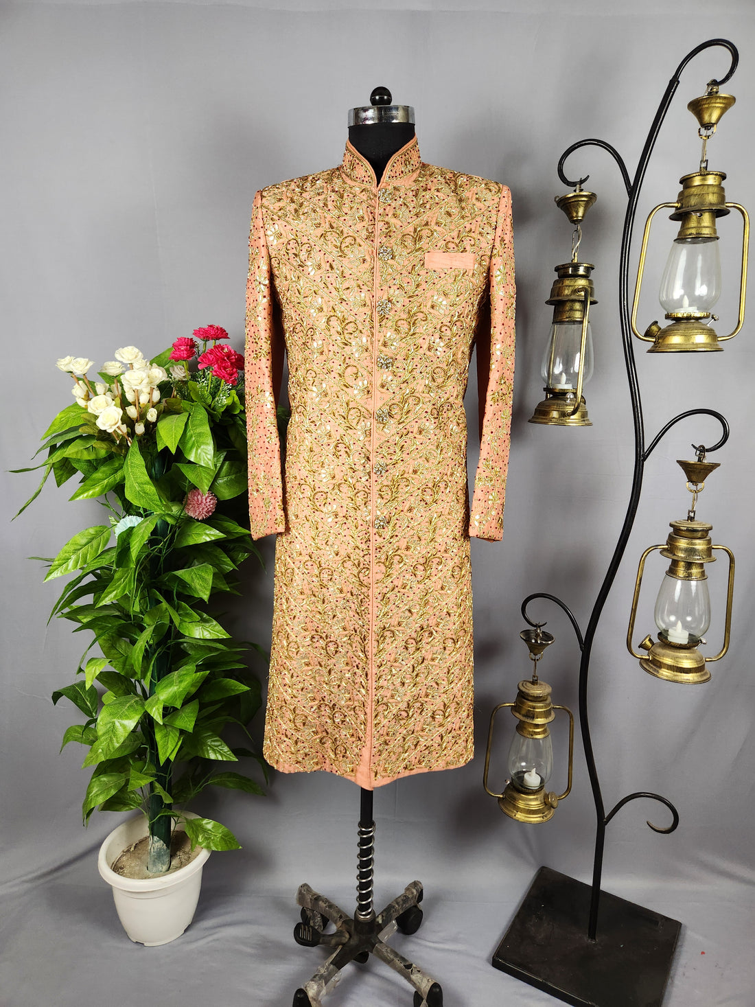 Peach Wedding Groom Sherwani with Traditional Zardozi Work