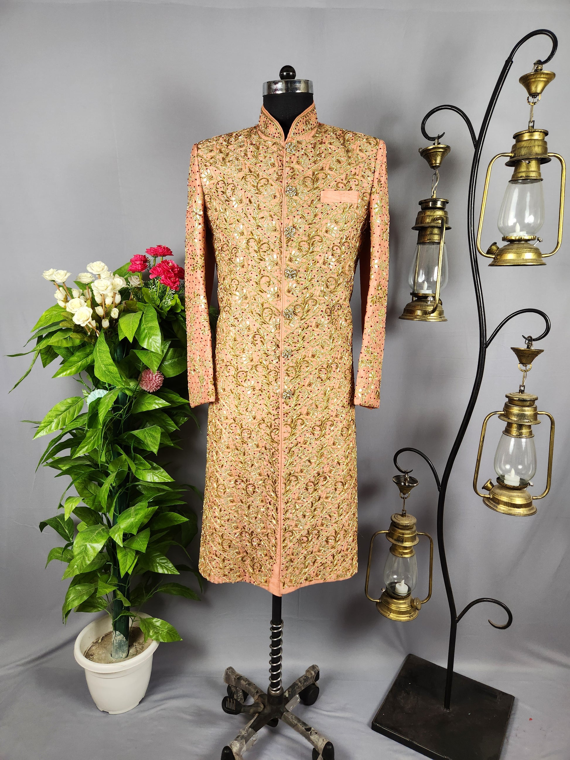 Peach Wedding Groom Sherwani with Traditional Zardozi Work