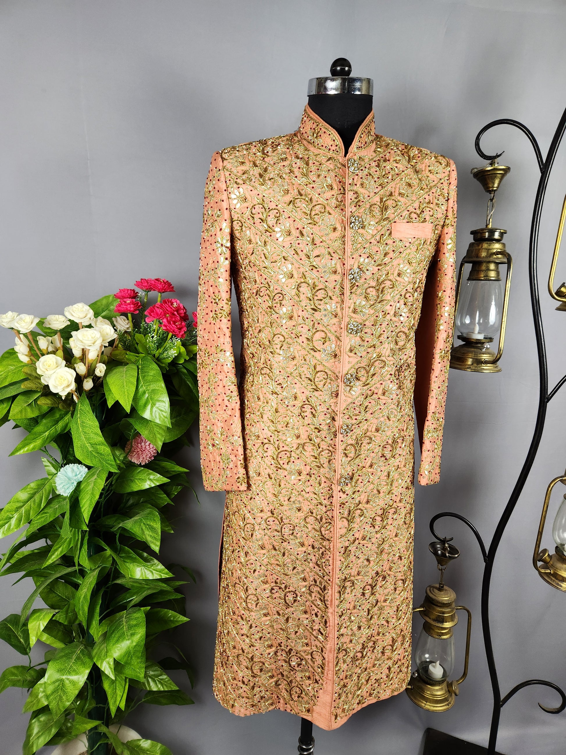 Peach Wedding Groom Sherwani with Traditional Zardozi Work