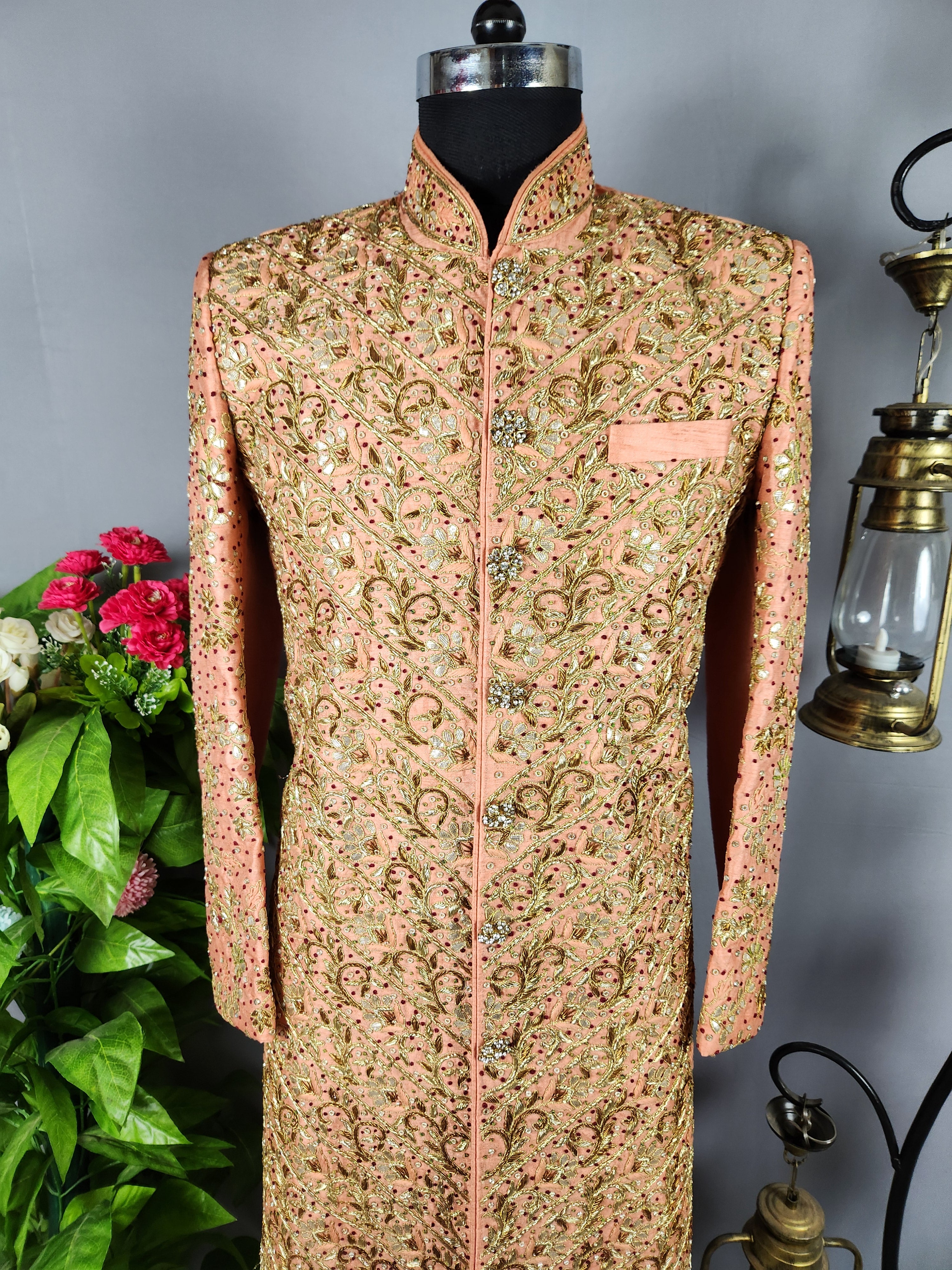Peach Wedding Groom Sherwani with Traditional Zardozi Work