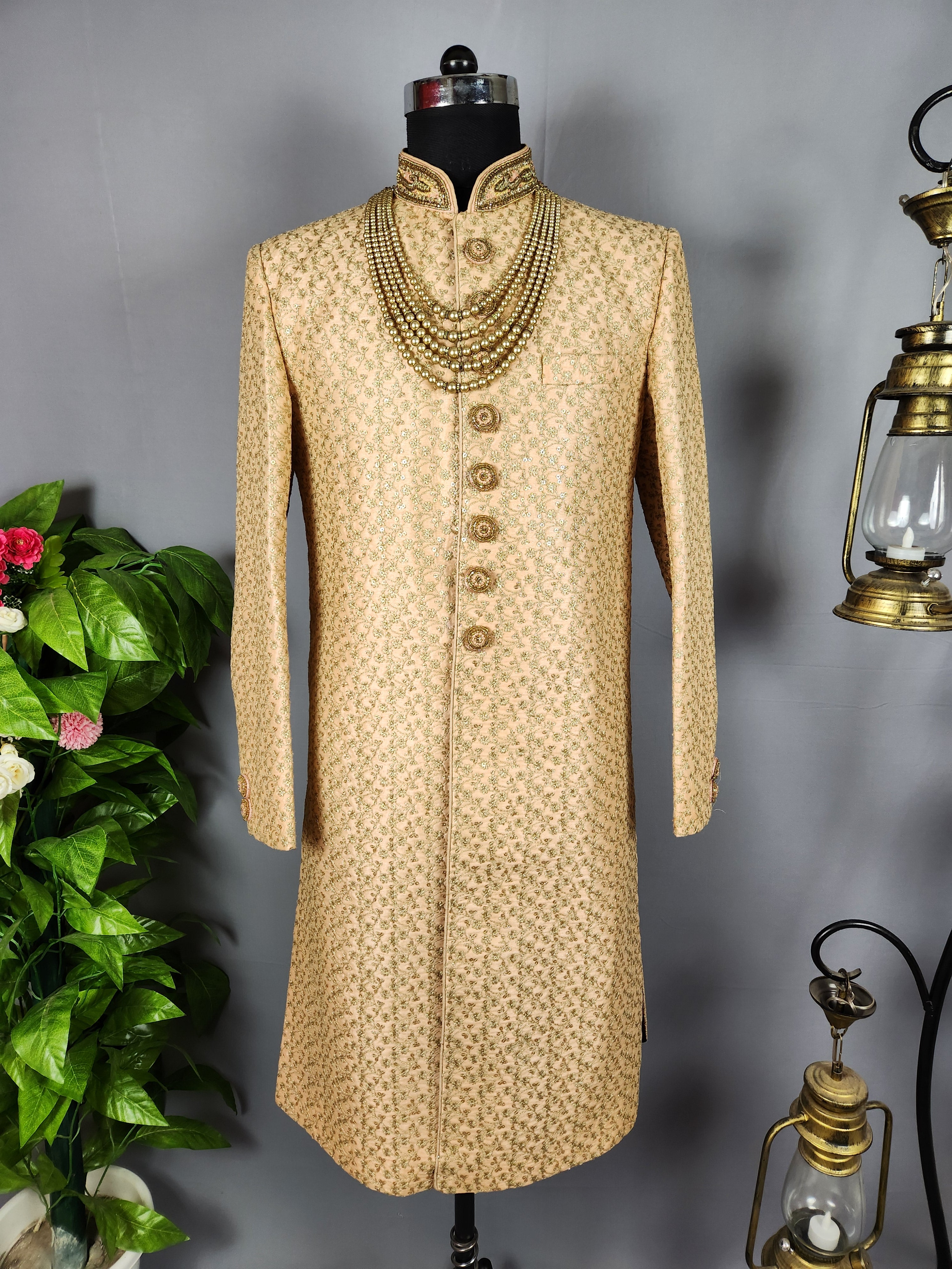 Peach Wedding Groom Sherwani WITH Gold Zari Work