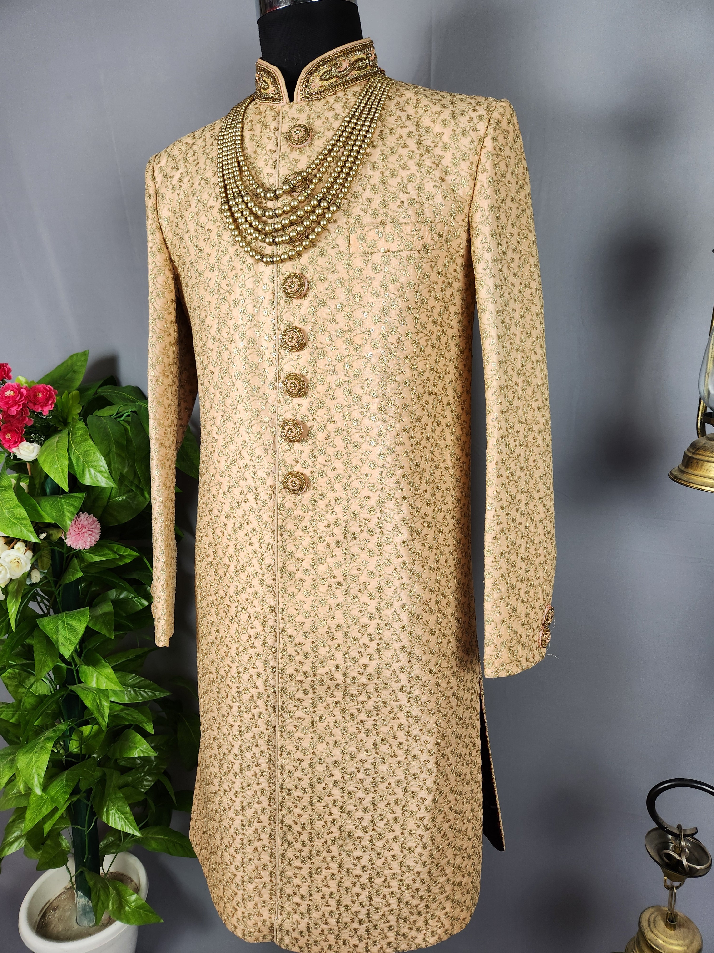 Peach Wedding Groom Sherwani WITH Gold Zari Work