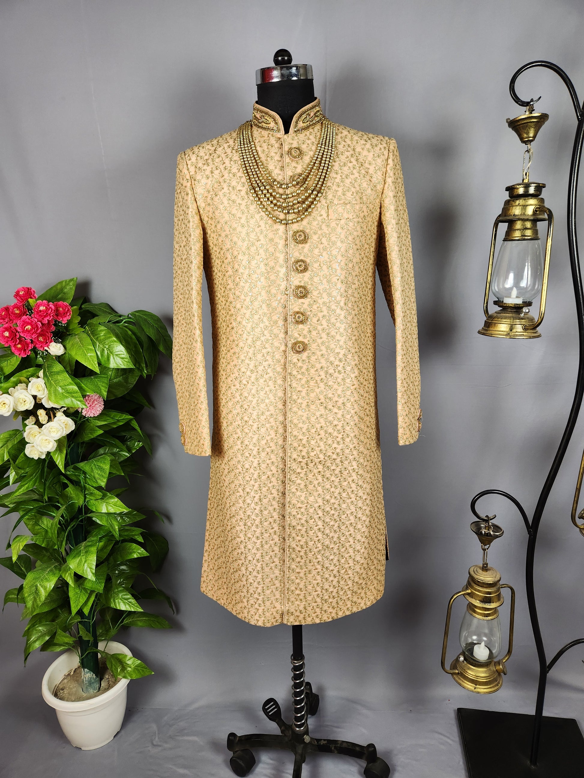 Peach Wedding Groom Sherwani WITH Gold Zari Work