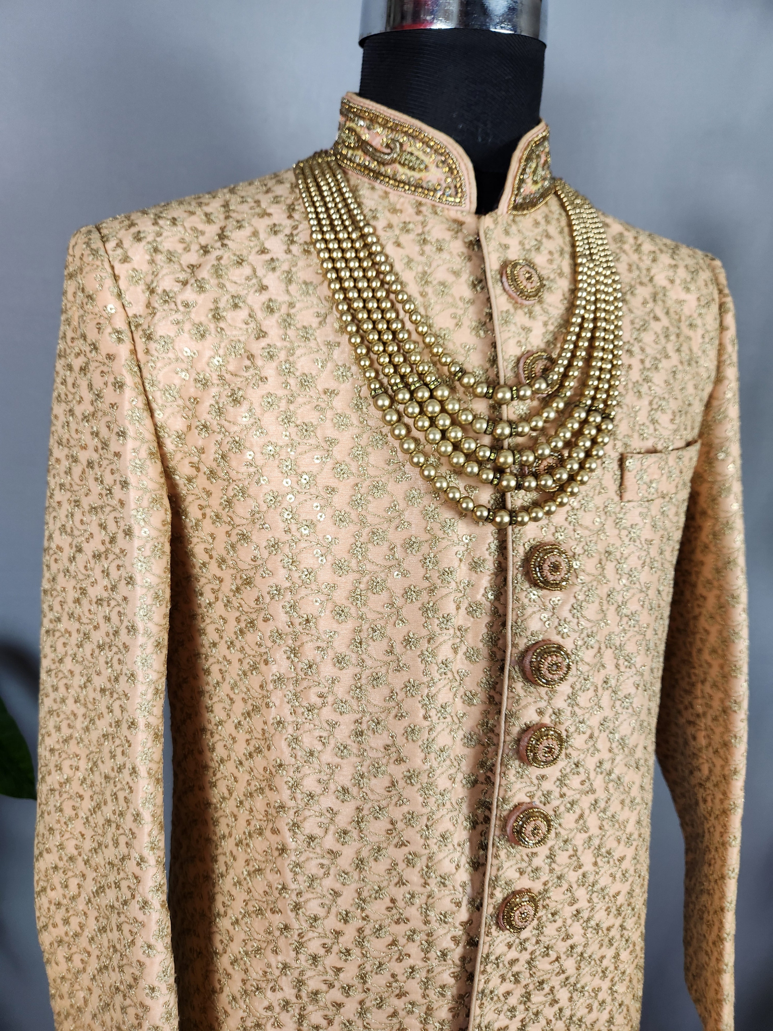 Peach Wedding Groom Sherwani WITH Gold Zari Work