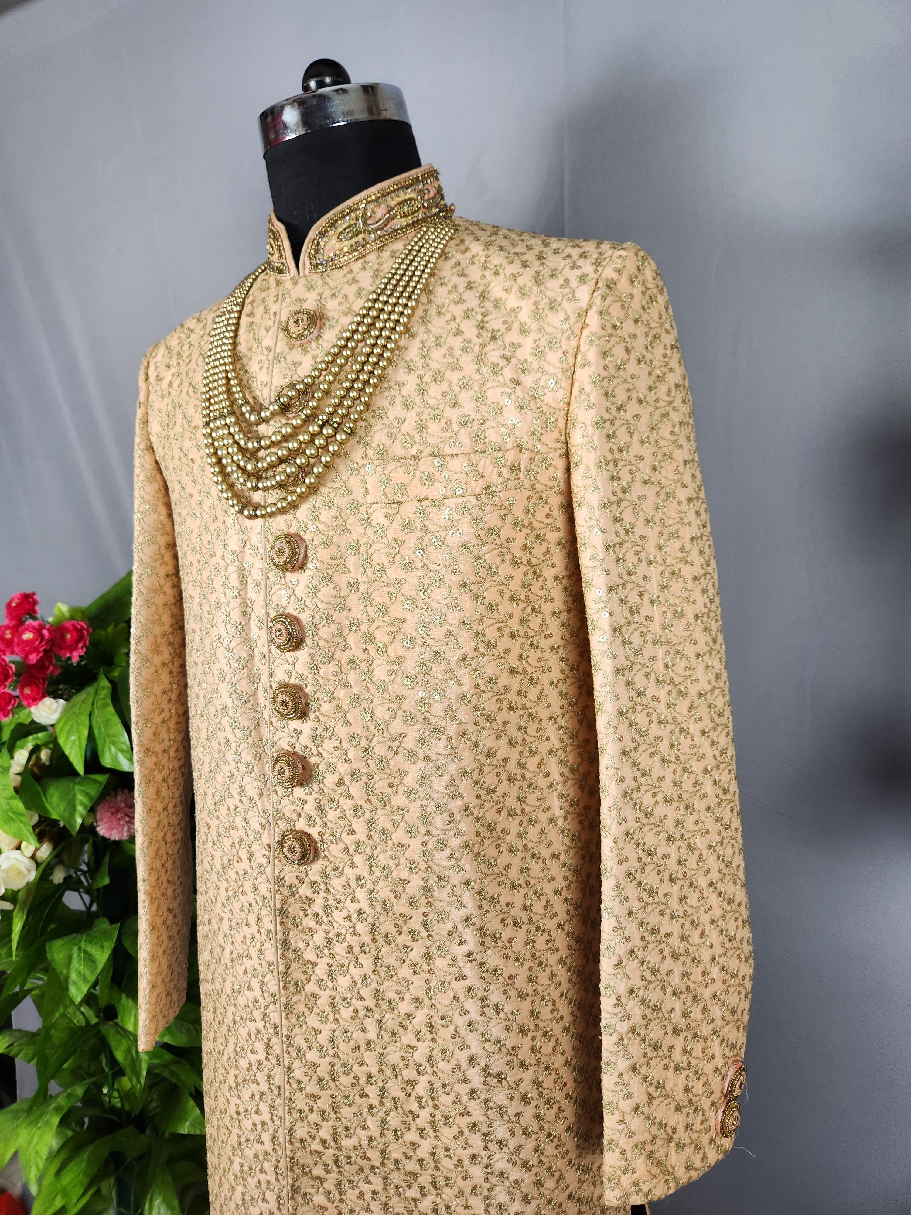 Peach Wedding Groom Sherwani WITH Gold Zari Work
