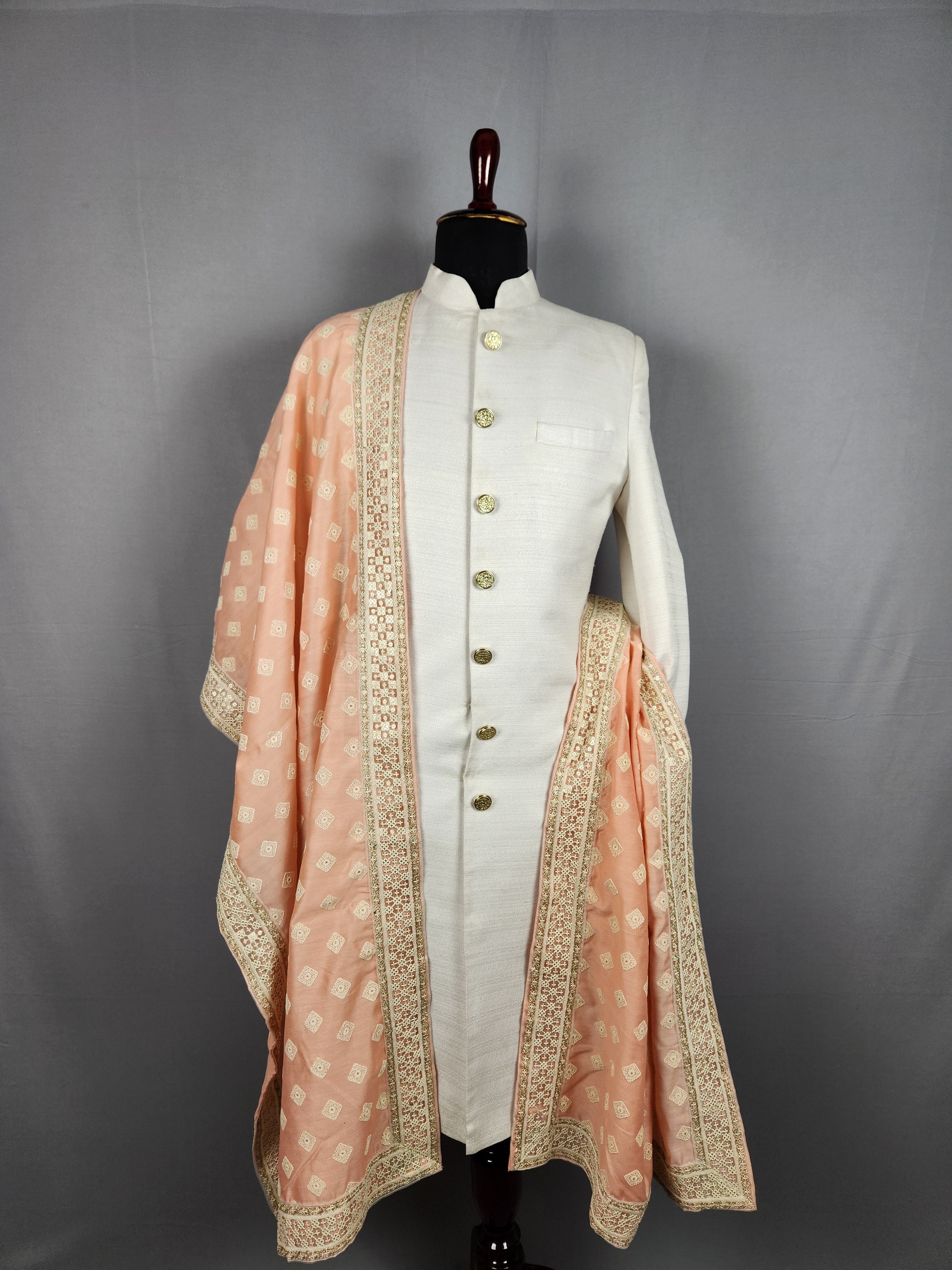 Peach Groom Stole - White Embroidered Peach Wedding Shawl