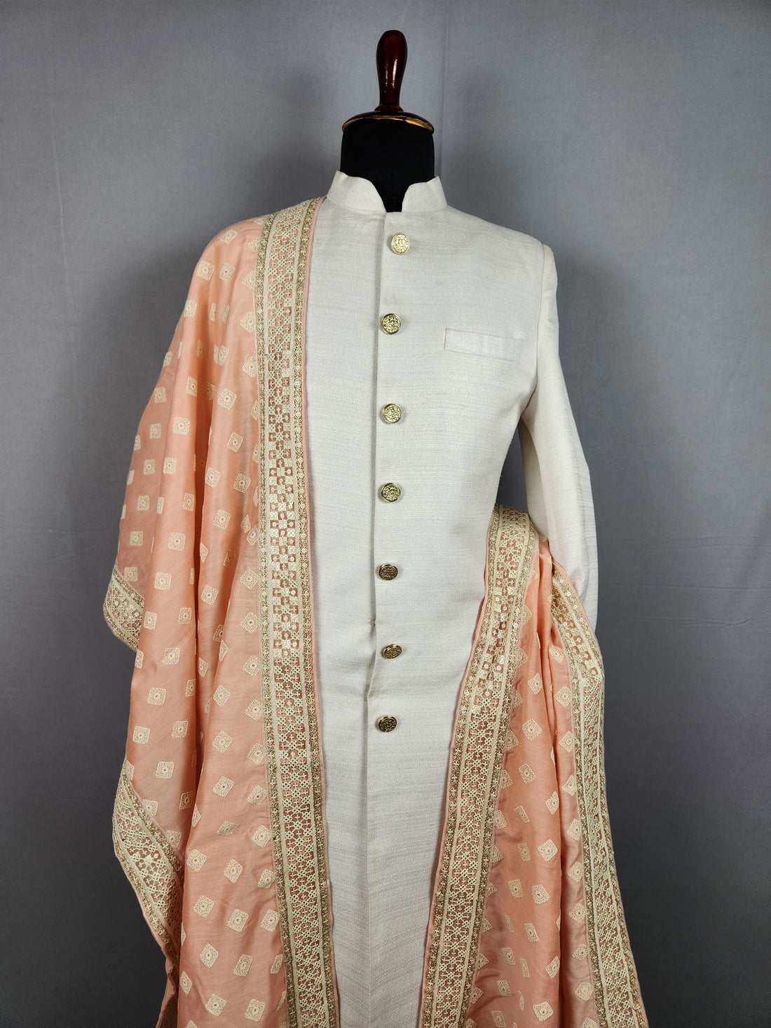 Peach Groom Stole - White Embroidered Peach Wedding Shawl