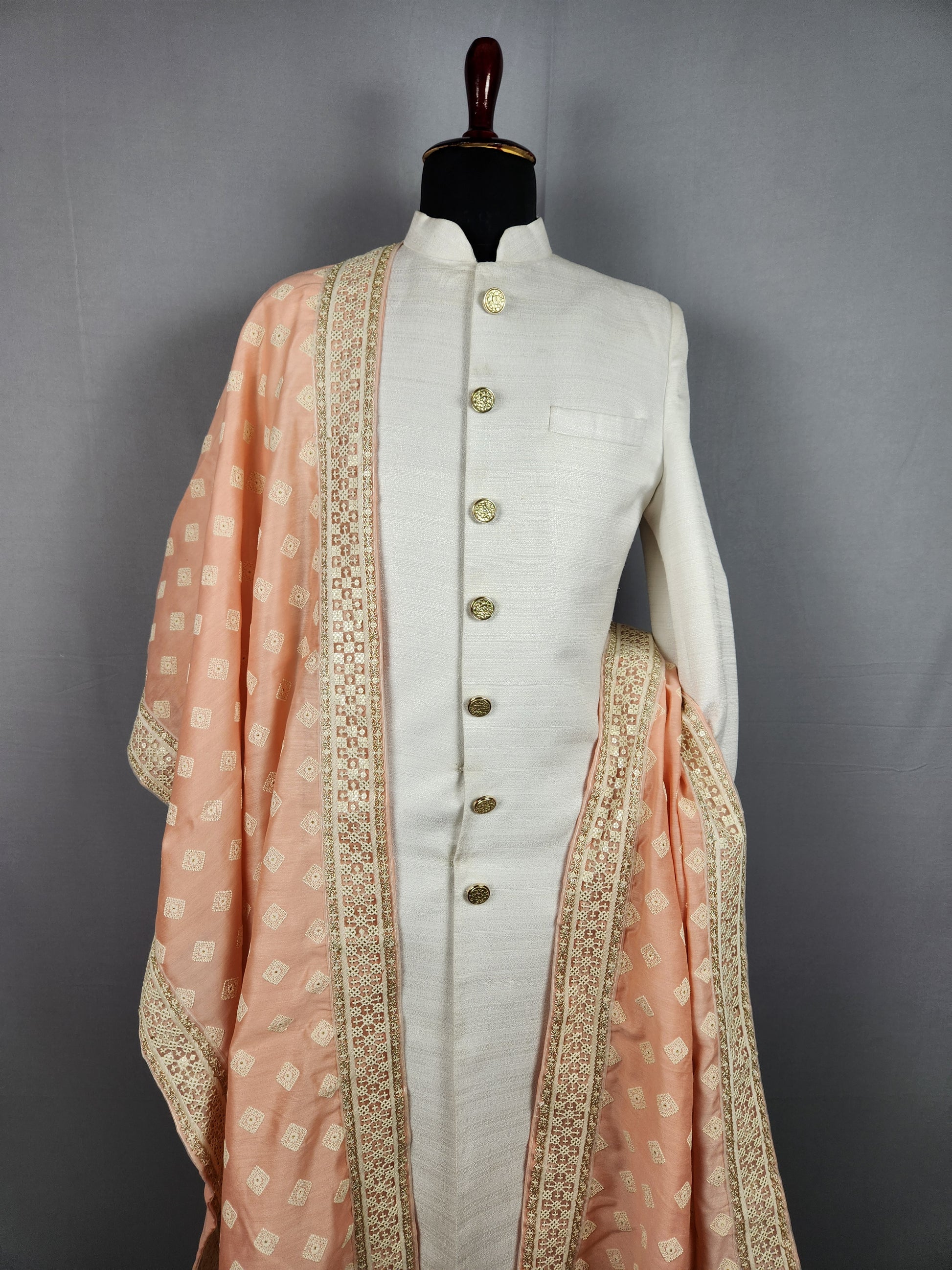 Peach Groom Stole - White Embroidered Peach Wedding Shawl